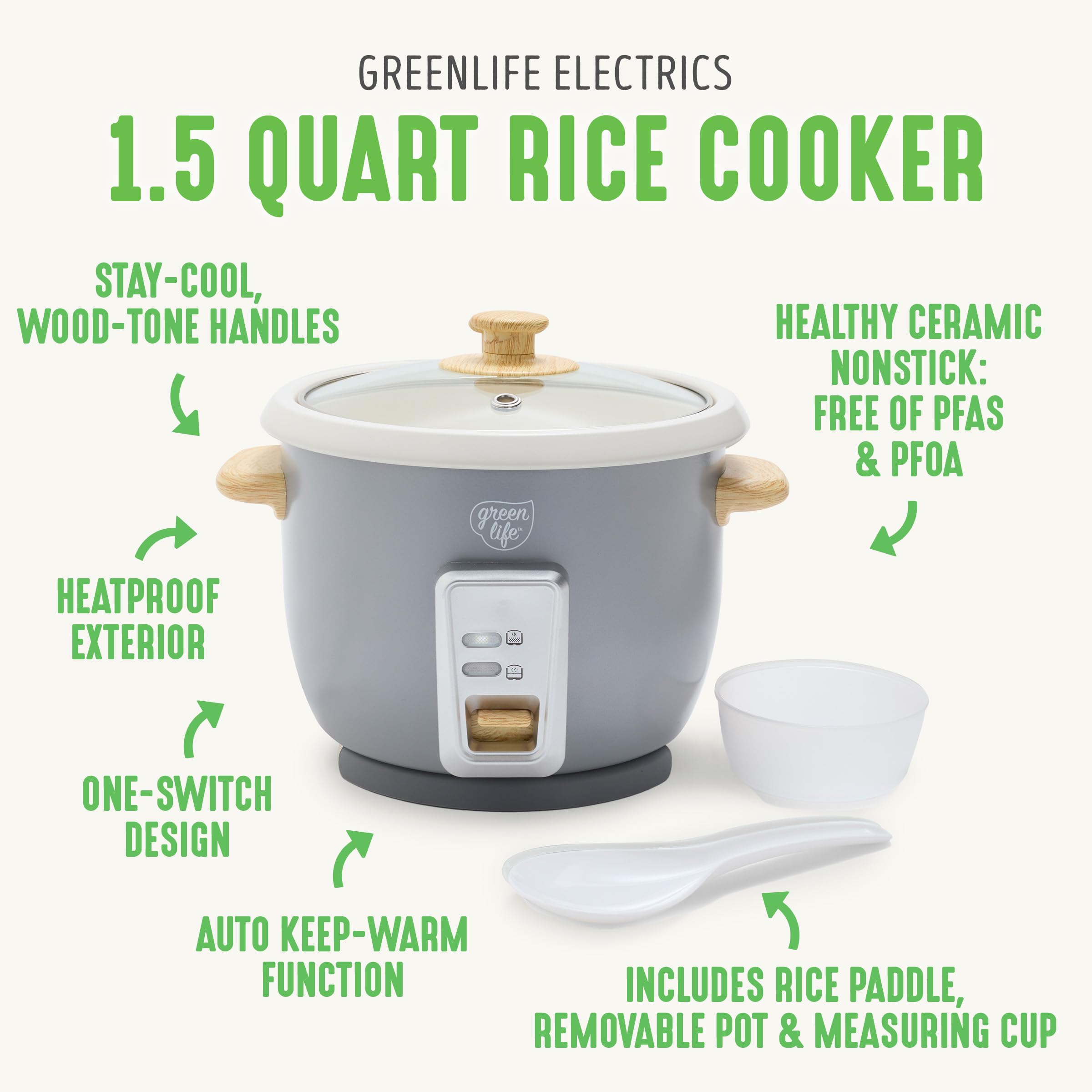 GreenLife Electric Rice Cooker Steamer - 3 Cup Uncooked/6 Cup Cooked Capacity, PFAS-Free Nonstick Removable Pot with Auto Presets | Wood Print Handle, Dishwasher Safe | Includes Measuring Cup & Rice Paddle in Quartz Grey | Perfect for Small Families, Dorm Rooms & Meal Prep