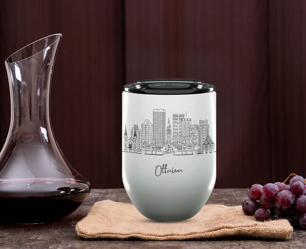 12 Oz Insulated Wine Tumbler with Lid - Ottawa Ontario Themed Gifts & Souvenirs - Perfect for College Graduation, Long Distance Gifts for Her & Homesick Students - Great for Coffee, Wine or Hot Drinks at Home, Office or Travel