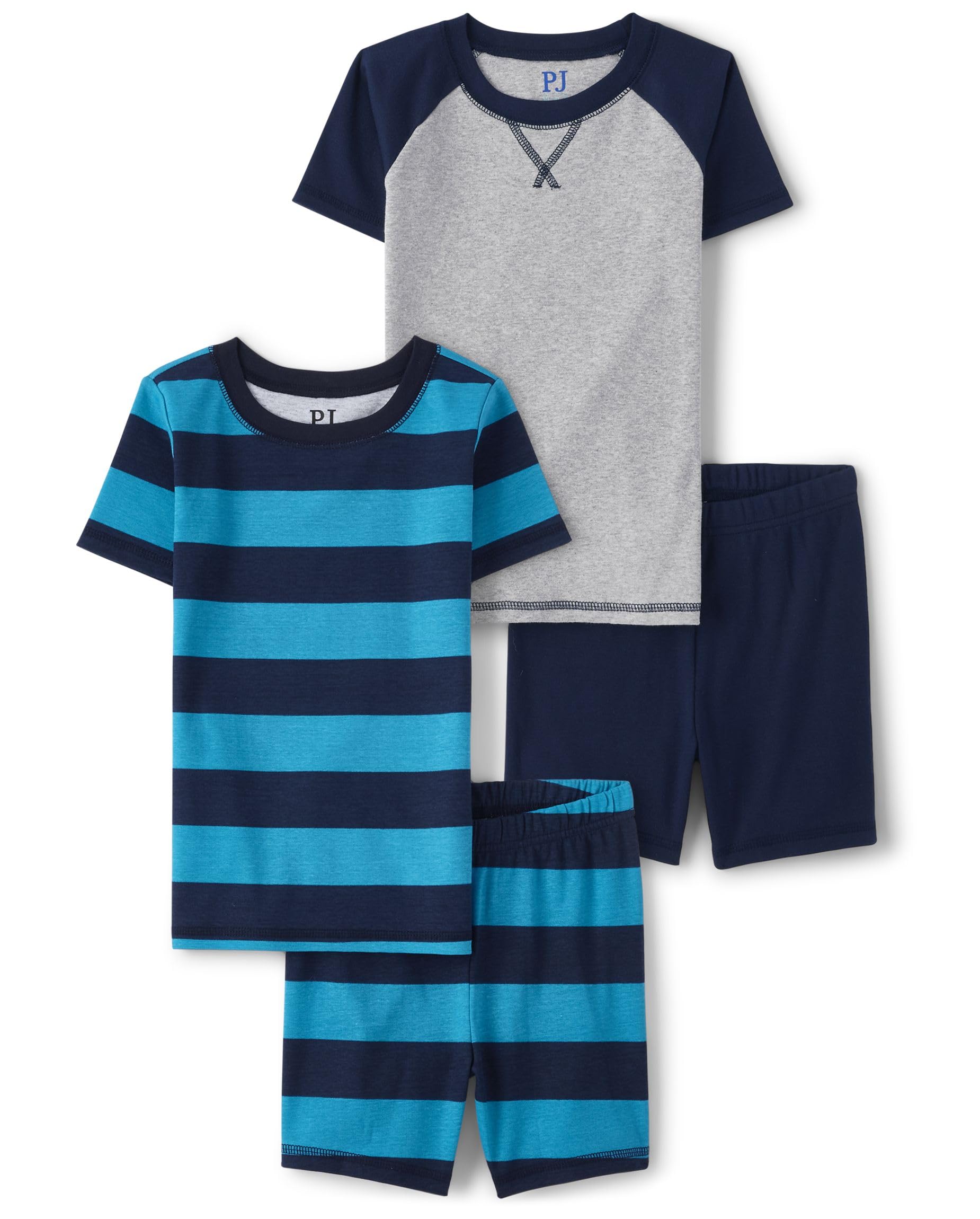The Children's Place Boys' 100% Cotton 4-Piece Pajama Set - Snug Fit Short Sleeve Top & Shorts for Comfortable Sleep & Playtime