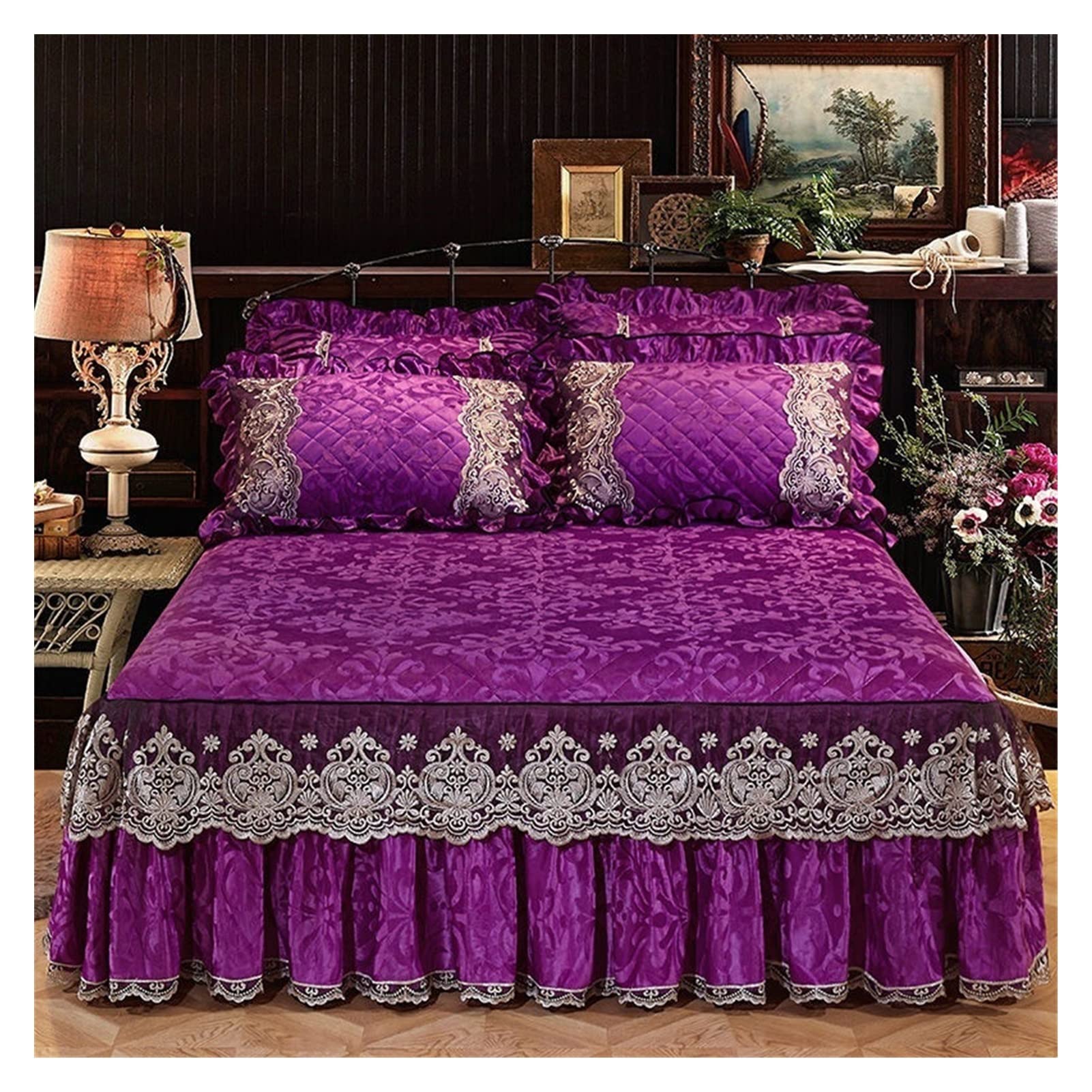 OOFAYWFD 3-Piece Luxury Velvet Quilted Bedspread Set - Soft Plush Embossed Bedding with Ruffled Skirt & 2 Pillowcases - Queen/King/Full/Twin Size (79x86 inches/200x220cm) - Perfect for Master Bedroom, Guest Room & Cozy Winter Nights