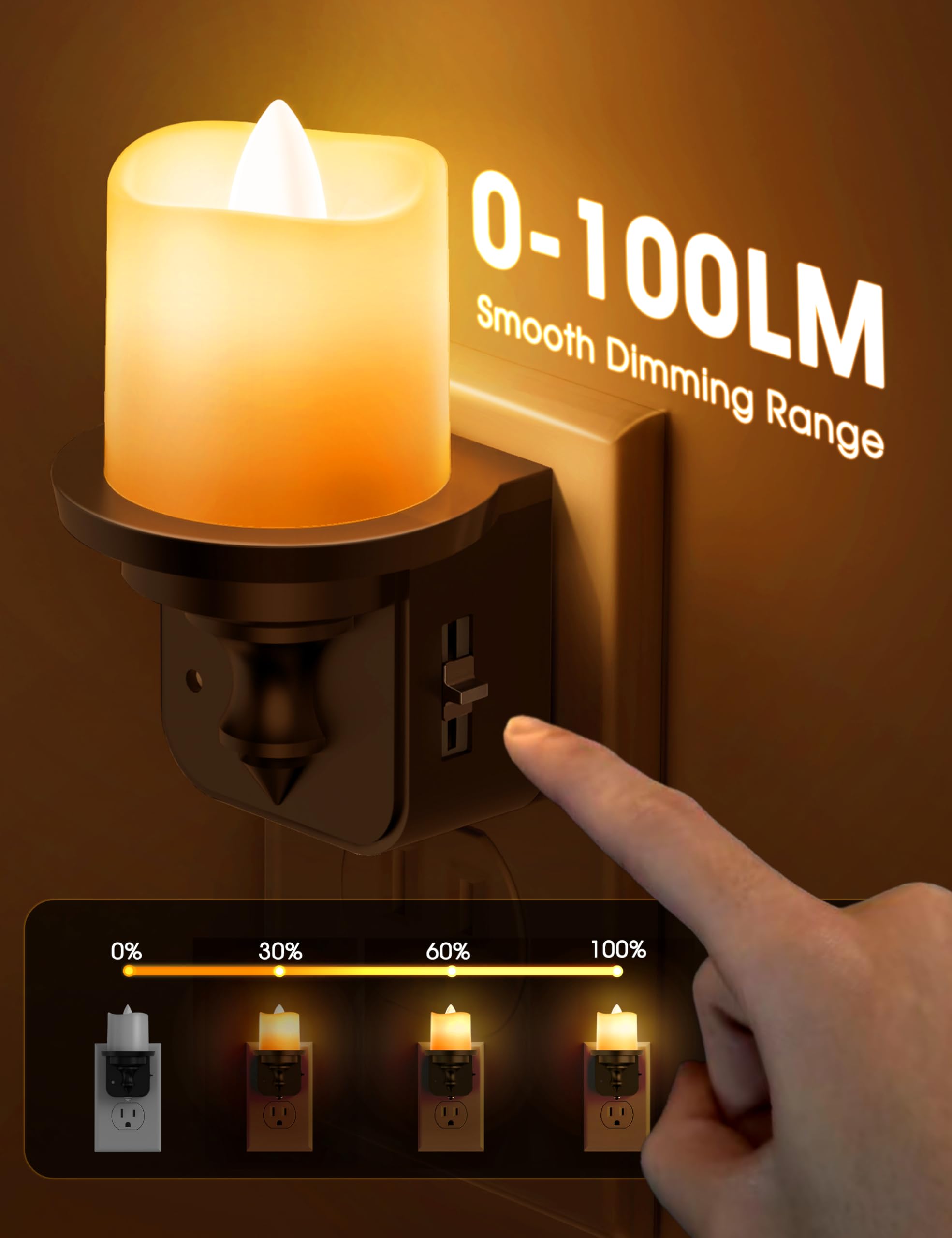 Dimmable LED Flameless Candle Night Light Plug-in with Light Sensor (2 Pack) - 0-100LM Amber Nightlight for Kids, Hallway, Bathroom - Perfect for Bedrooms, Nurseries & Home Decor