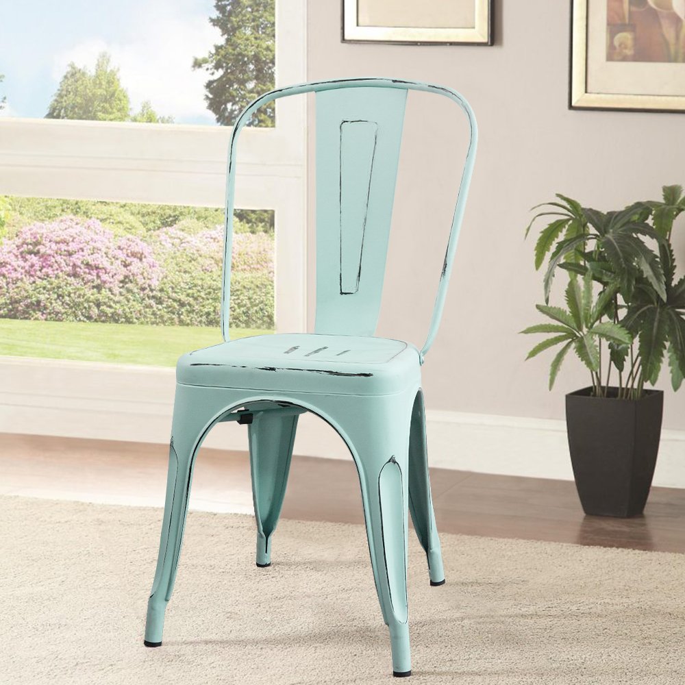 **Distressed Blue Metal Stackable Dining Chairs Set of 4 - Indoor & Outdoor Kitchen, Patio, Restaurant & Cafe Use - Rustic Farmhouse Style Side Chairs with Back Support**