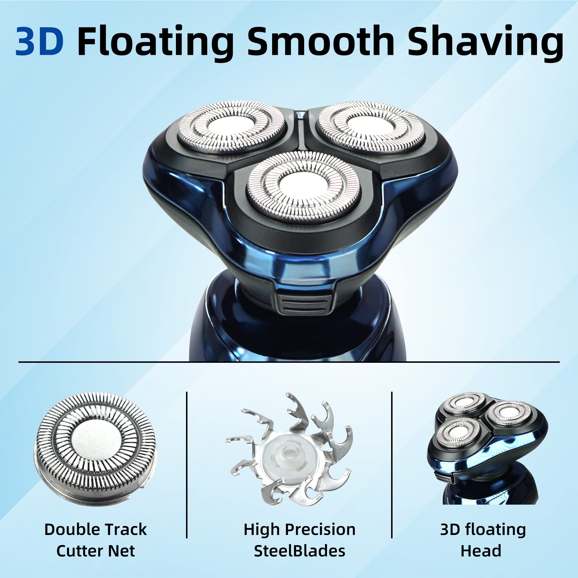 Premium 3-in-1 Electric Razor for Men - Wet & Dry Waterproof Shaver with Precision Blades | Smooth Shaving for Face, Head & Body | Ideal for Travel & Daily Grooming (Blue)