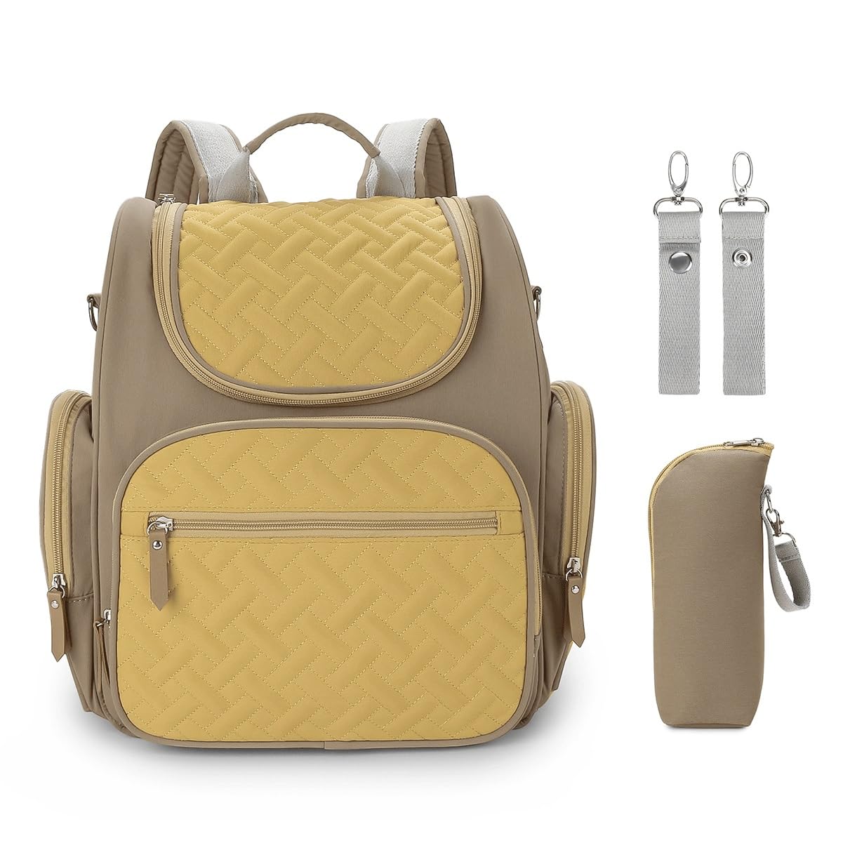 **Multi-Function Diaper Bag Backpack for Moms – Large Capacity Baby Bag with Insulated Pockets & Bottle Holder – Perfect for Travel, Daycare & Outings (Brown-Yellow)**