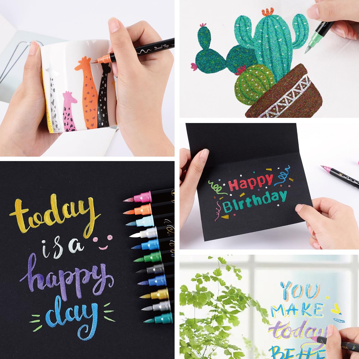 INK LAB 24Pcs Dual Tip Brush Pens - Metallic Art Markers for Calligraphy, Lettering & Drawing on Wood, Ceramic, Rock, Metal - Perfect for Card Making, Scrapbooking, Album Decor & DIY Crafts