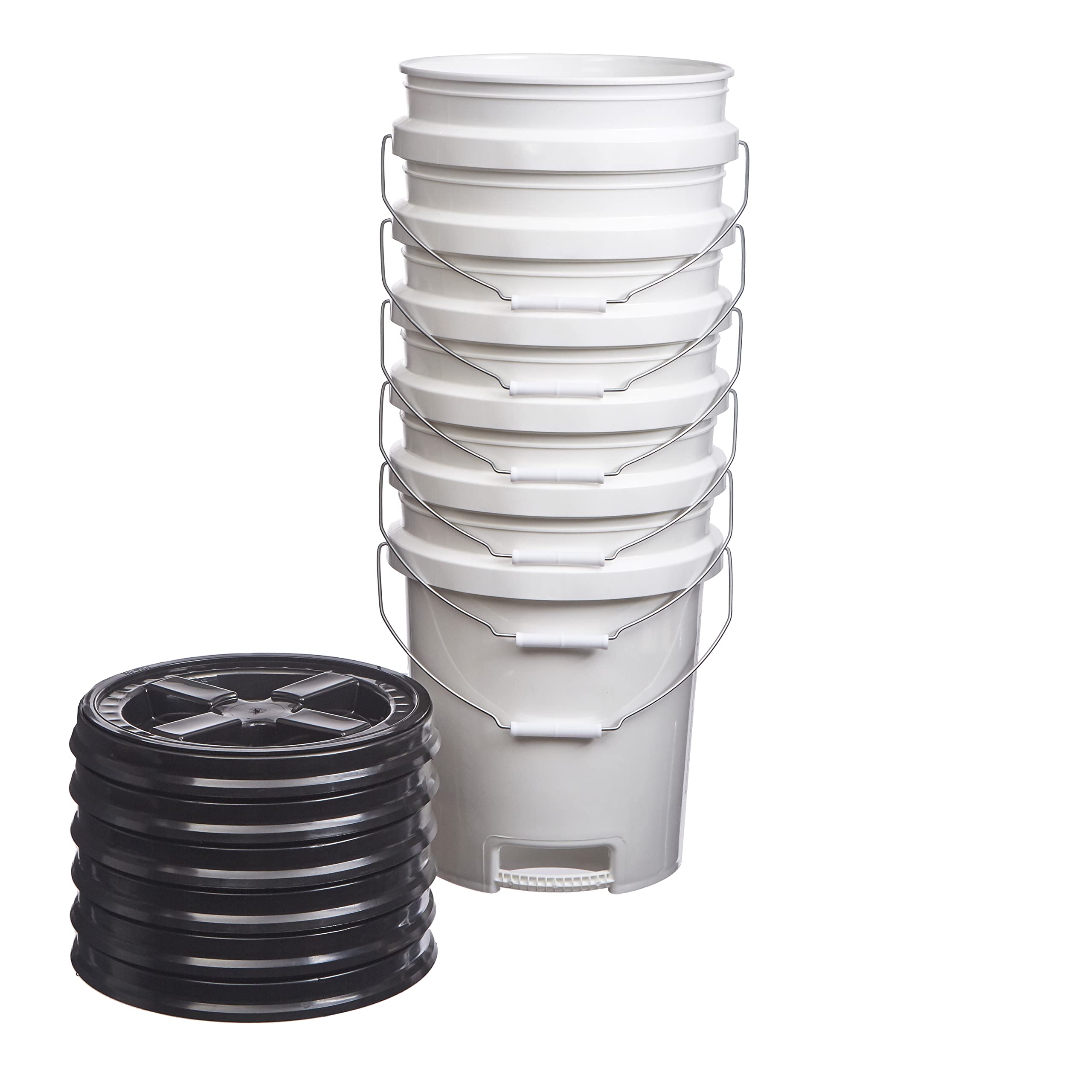 5 Gallon White Food Grade Buckets with Gamma Seal Lids - BPA Free HDPE Storage Pails with Bottom Grip Handle, Durable Made in USA (6 Pack, Black Lids) - Perfect for Bulk Food Storage, Home Brewing, Gardening & DIY Projects