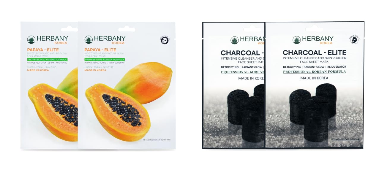 HERBANY KOREA - PAPAYA ELITE 2 & CHARCOAL ELITE 2 Korean Face Sheet Mask Set (4 Pack, 25ml Each) - Professional Skincare for Men & Women - Deep Cleansing & Brightening - Perfect for Daily Routine & Spa Night