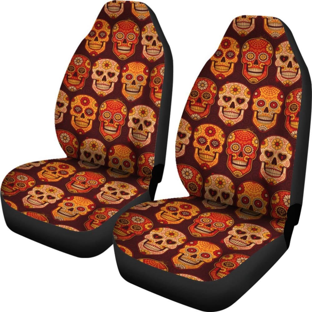 2 Pcs Sugar Skull Car Seat Covers - Universal Fit for Cars, Trucks & SUVs - Halloween Dia de Los Muertos Decor - Protects Seats from Stains & Spills