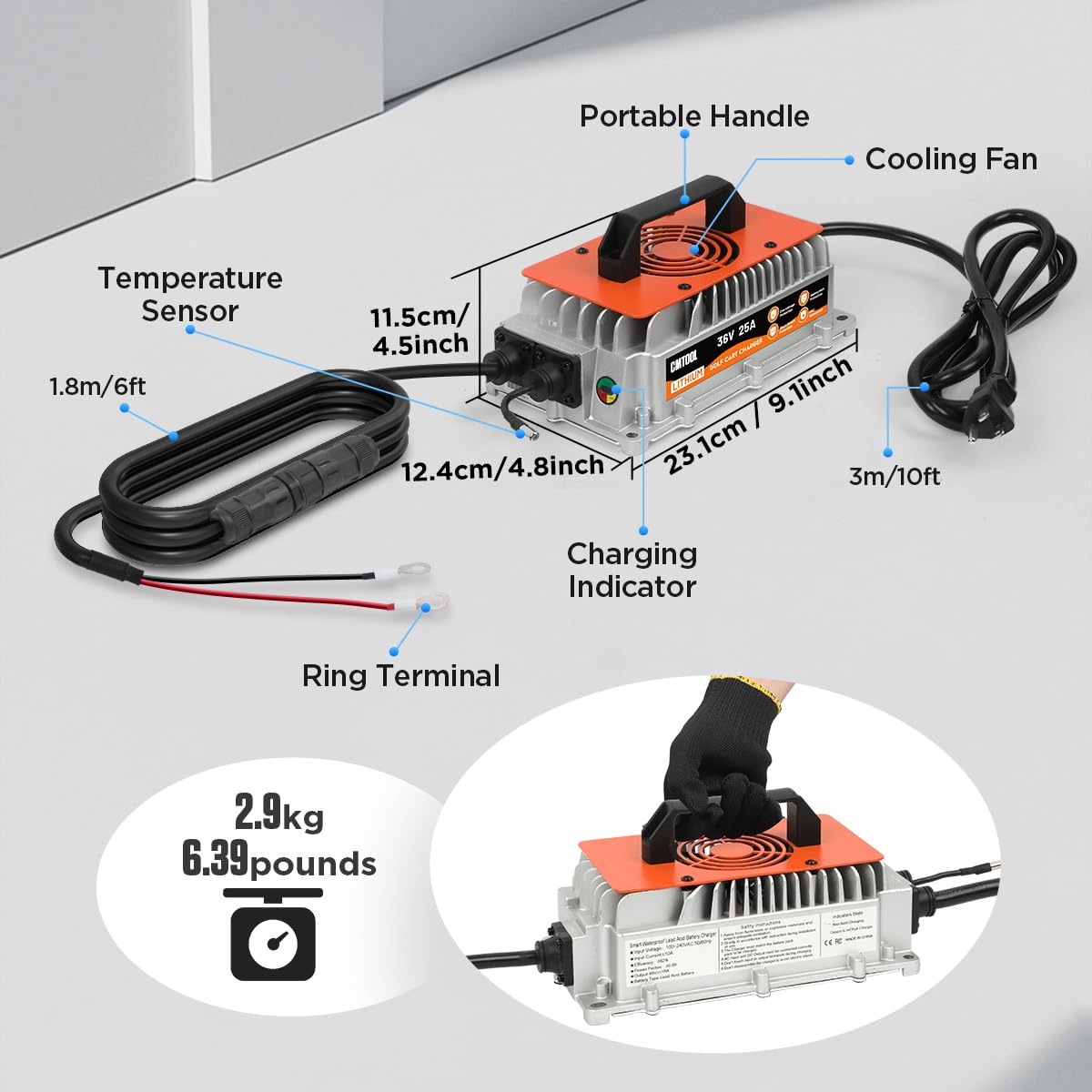 CMTOOL 36V 25A Lithium Battery Fast Charger for Golf Cart - IP67 Waterproof, 43.8V Smart Charger with Auto Shutoff - Perfect for Electric Golf Carts, Scooters & Outdoor Power Equipment