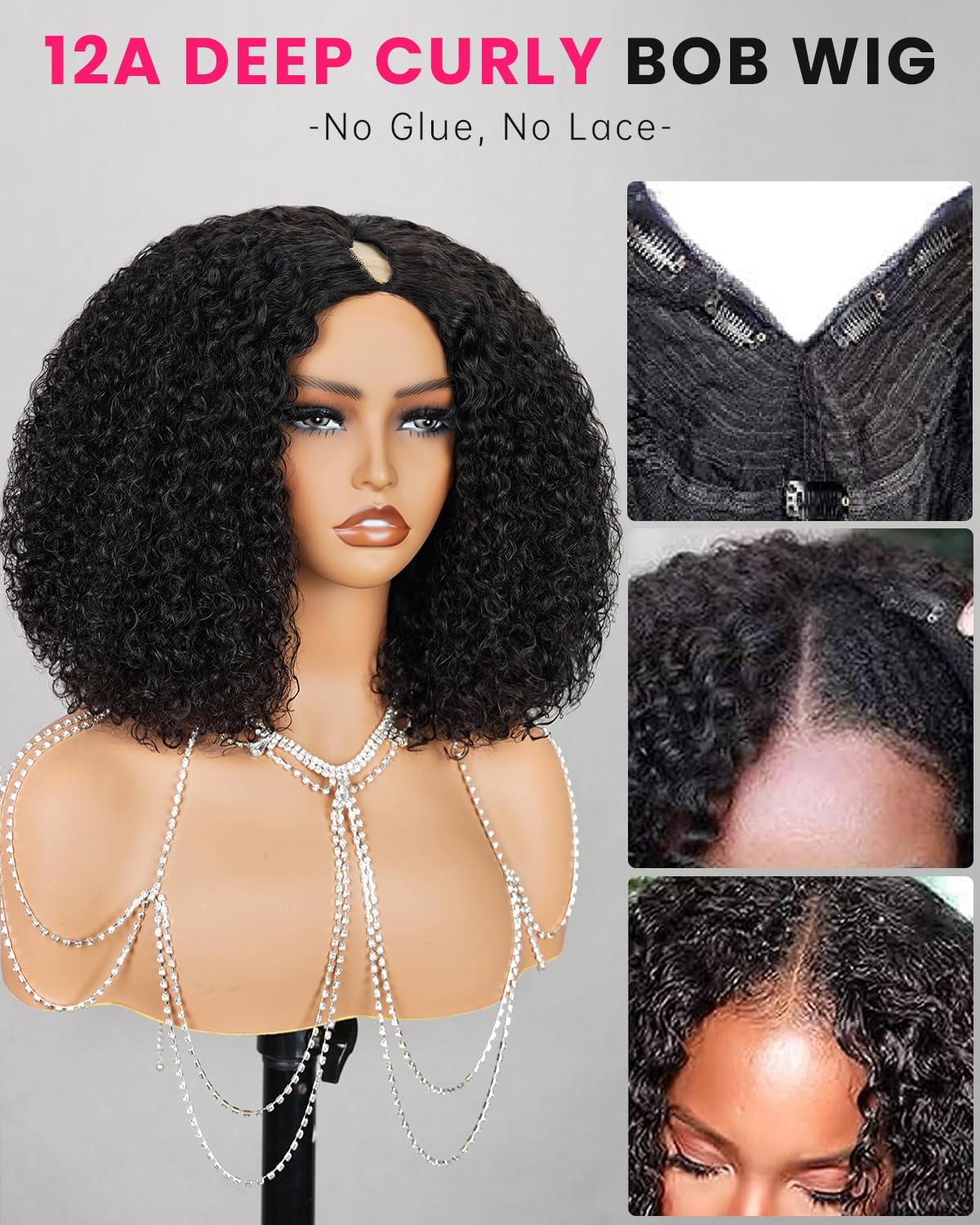 MEGALOOK V Part Human Hair Wig for Black Women - 14 Inch U Part Curly Bob Wig 180% Density Deep Wave No Glue No Sew In Half Wig | Perfect for Daily Wear, Parties & Special Occasions