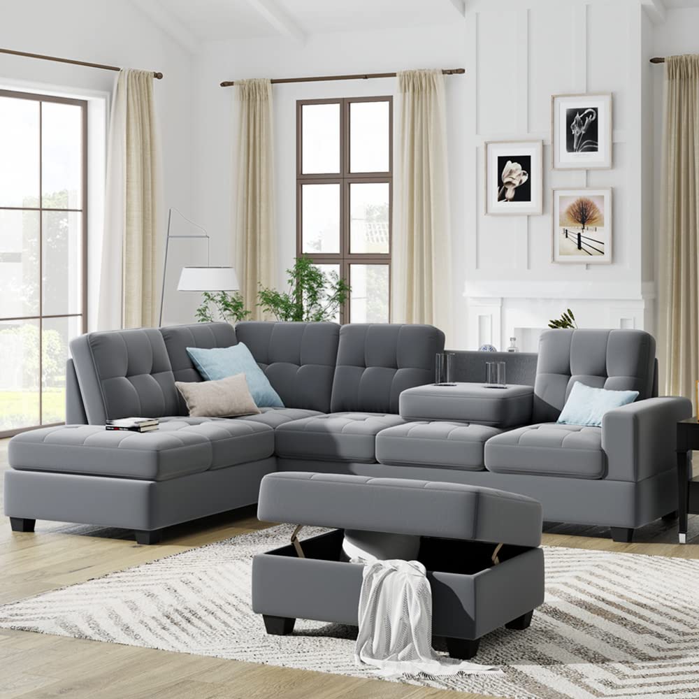 L-Shaped Sectional Sofa with Reversible Chaise, Storage Ottoman & Cup Holders - Modern Living Room Furniture Set in Light Gray | Perfect for Small Spaces, Family Gatherings & Movie Nights