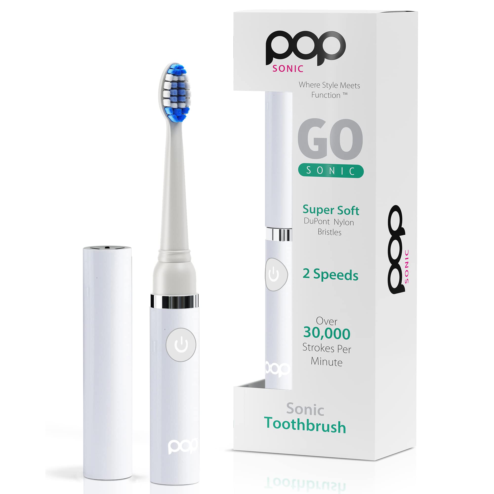 **Pop Sonic Electric Toothbrush for Kids & Adults - White Travel Toothbrush with AAA Battery, 2 Speed Modes (15,000-30,000 RPM), Dupont Nylon Bristles - Perfect for Home, Travel & Daily Oral Care**
