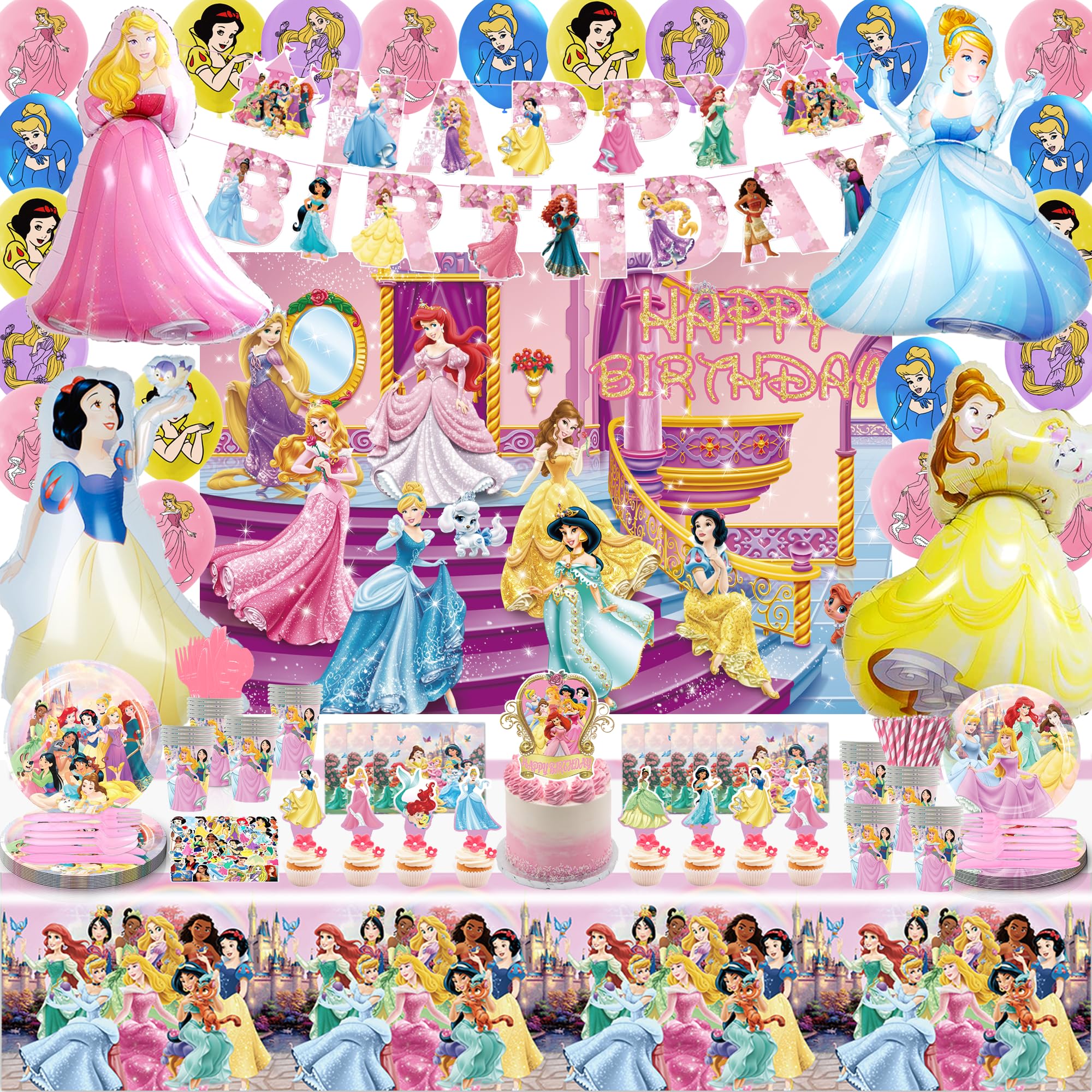 277Pcs Princess Party Decorations Kit - Birthday Party Supplies with Banners, Balloons, Backdrop, Tablecloth, Stickers, Cups, Straws & Napkins for Girls - Perfect for Princess Themed Birthday Parties, Baby Showers & Special Events