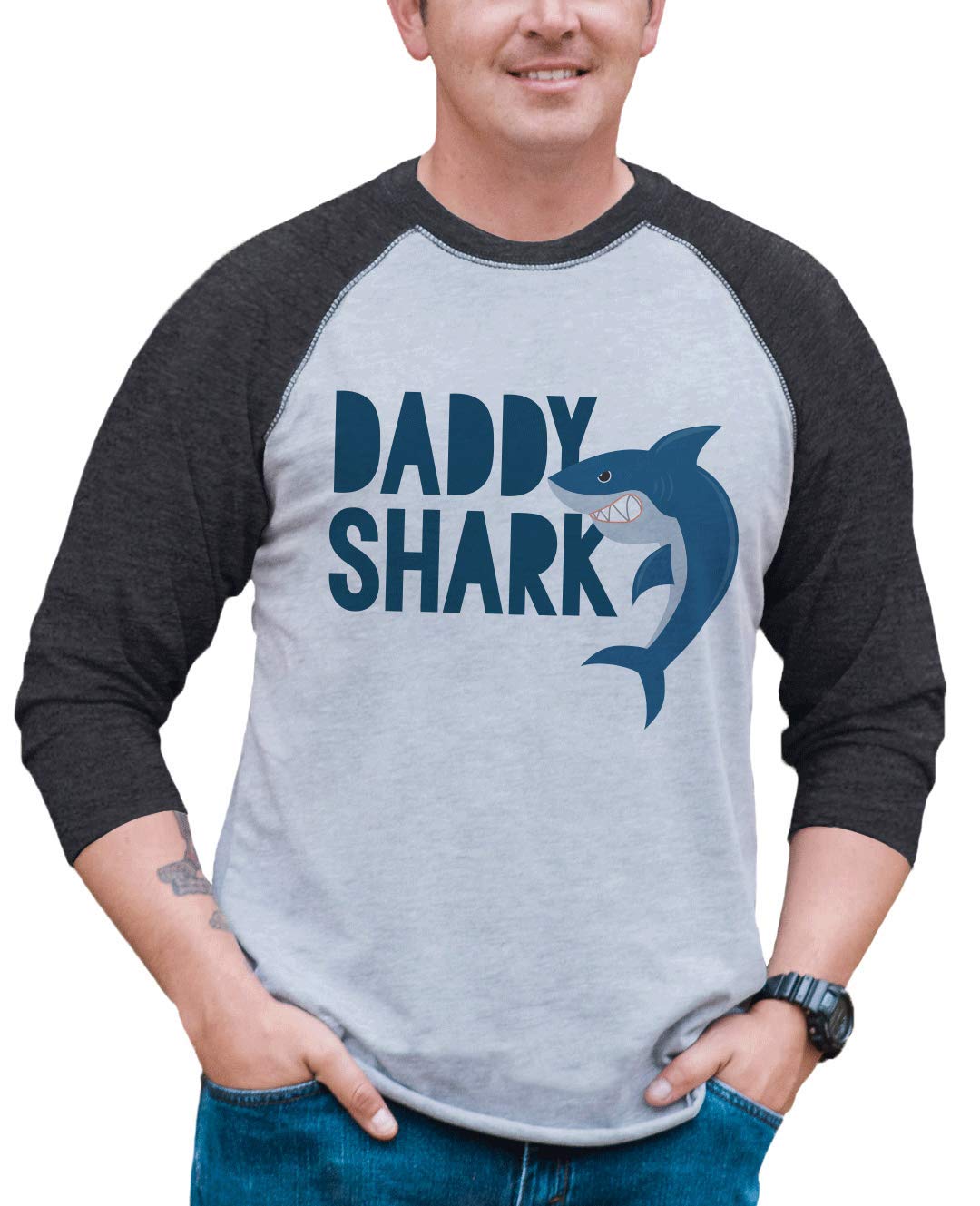 Daddy Shark Raglan Tee for Men - Soft & Comfortable Graphic T-Shirt - Perfect for Casual Wear, Family Outings & Shark Week