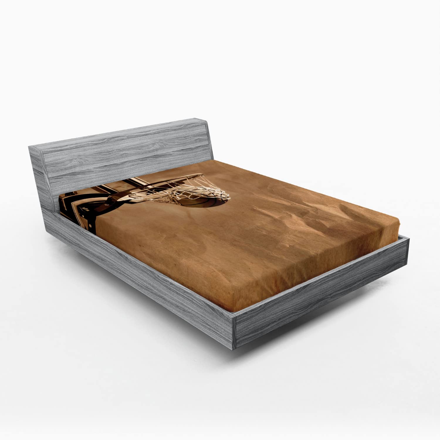 Ambesonne Basketball Fitted Sheet - Full Size Sports Themed Bedding with Deep Pocket & All-Around Elastic | Basketball Net Print on Crumpled Paper Design | Perfect for Sports Fans, Dorm Rooms & Game Day Decor - Sepia Color