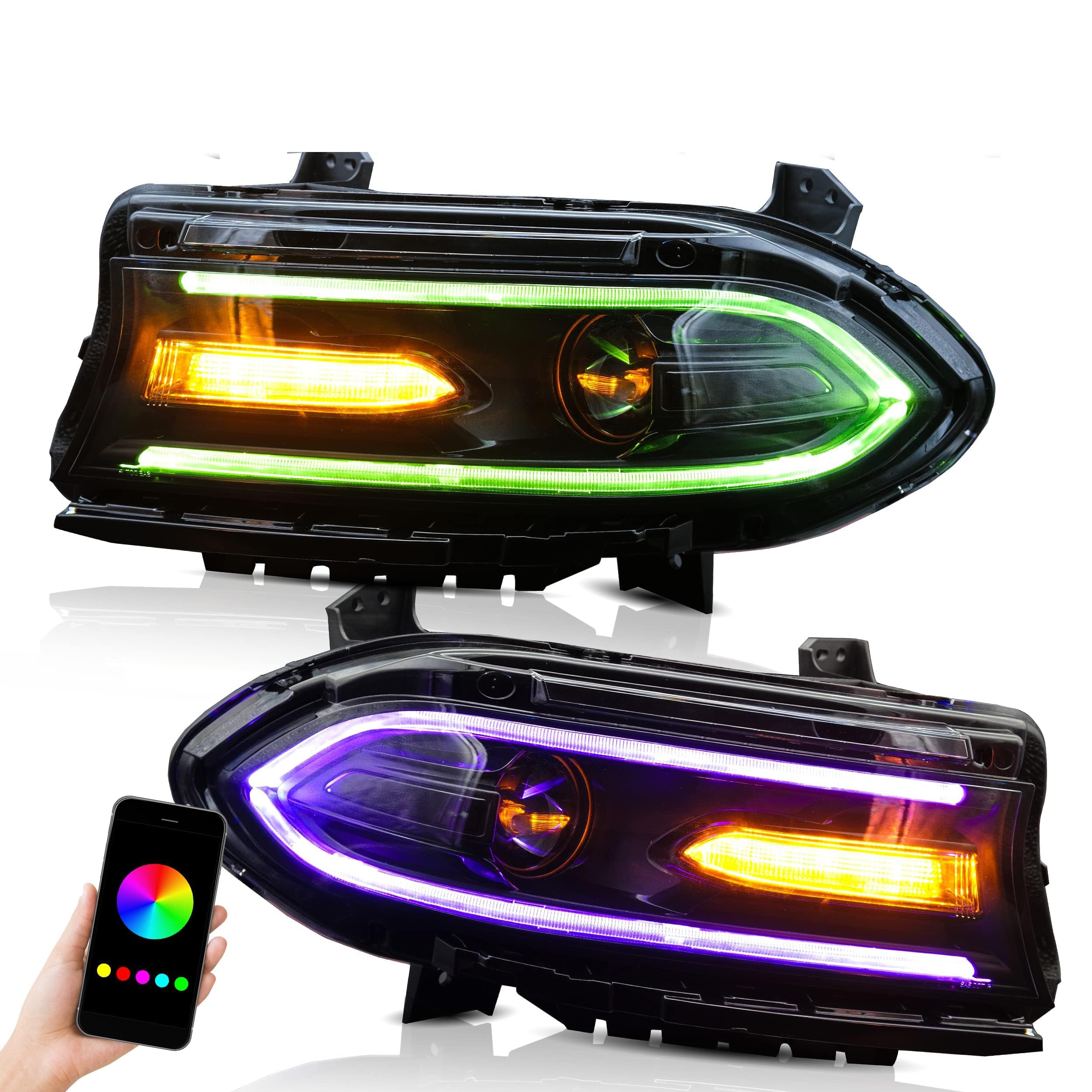 VLAND LED Headlight Assembly for Dodge Charger 2015-2020 - Multicolor DRL, Dual Beam Lens, Turn Signal, Plug & Play - Perfect for Night Driving & Car Upgrades (Not for Xenon/2021 Models)