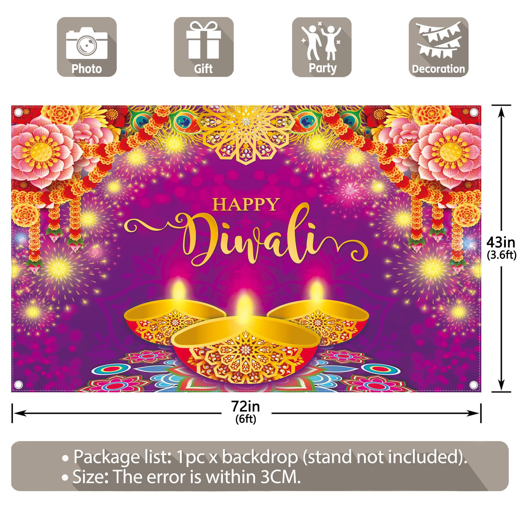 72x43 Inch Purple Diwali Backdrop - Floral Peacock Feather Photography Background for Festival of Lights, Indian Party Decor, Photo Booth Banner - Perfect for Diwali Celebrations, Wedding Decor, and Cultural Events