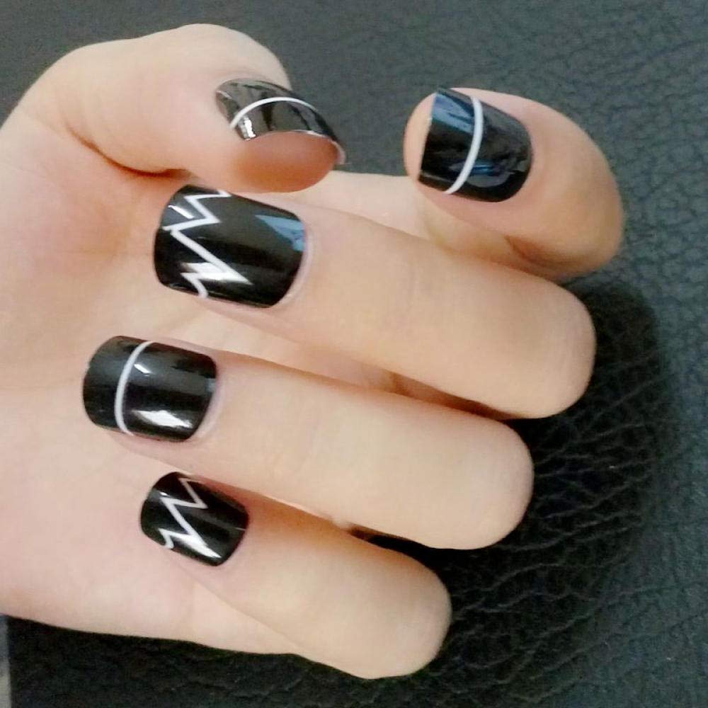 HUJL Shiny Black Jagged False Nails - 24pcs Acrylic Nail Tips with Line Pattern for DIY Manicure, Salon & Party Glam | Fashion Nail Art Accessories for Women