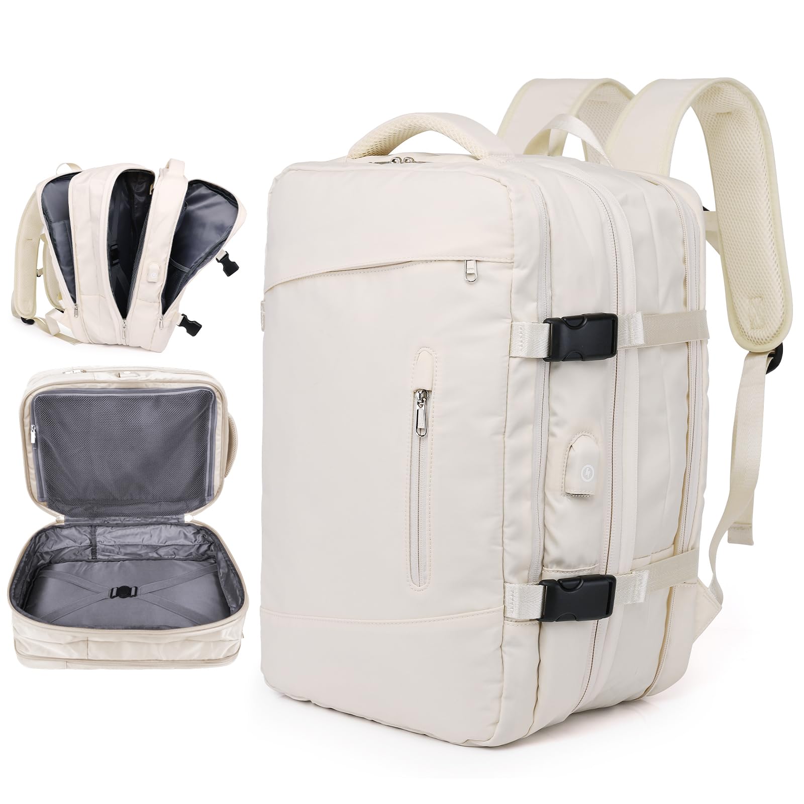 QOECI 44L Waterproof Travel Backpack for Women & Men - USB Charging Port, 17.3 Inch Laptop Compartment, Airline Approved Carry-On Personal Item Bag - Ideal for Business Travel, Hiking & Daily Commute (1680D Nylon)