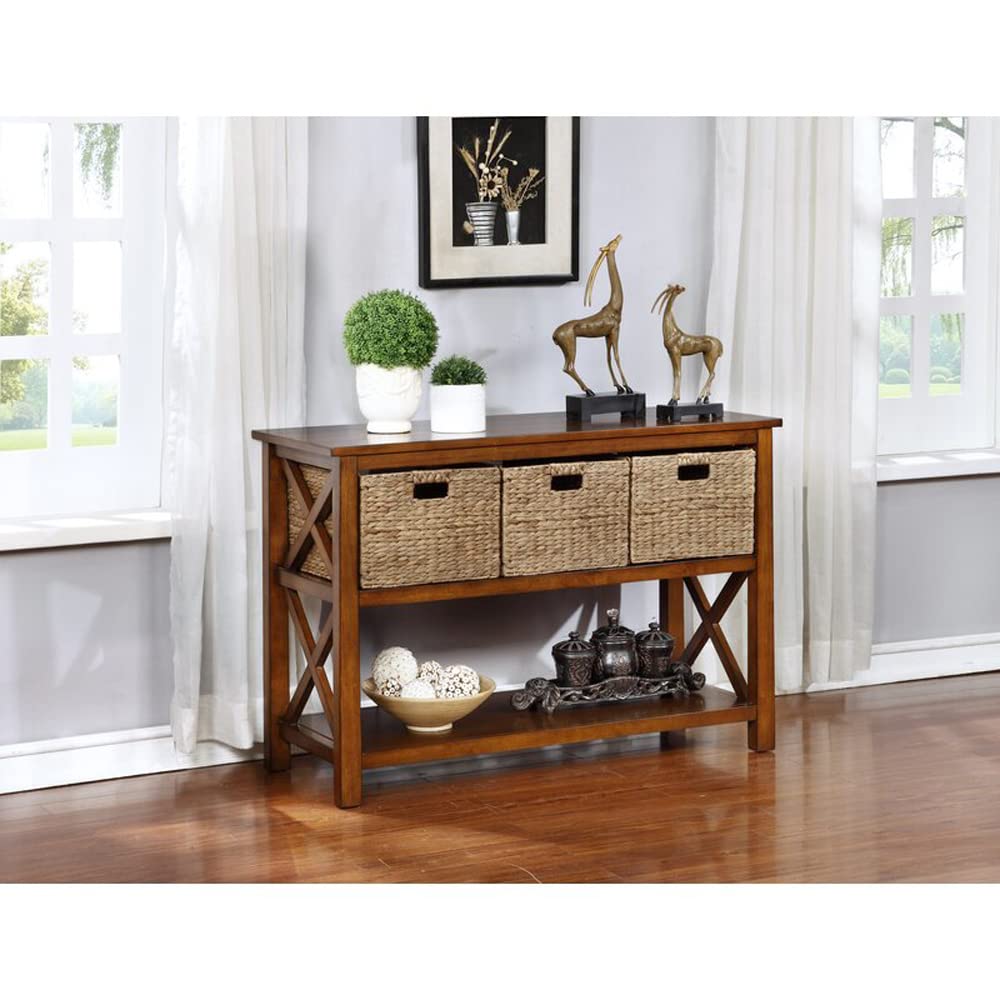 eHemco X-Side Console Sofa Table with 2 Storage Shelves & 3 Wicker Baskets - Modern Couch Side Table with Storage for Living Room, Bedroom, or Office - Perfect End Table for Coffee, Books, and Home Decor