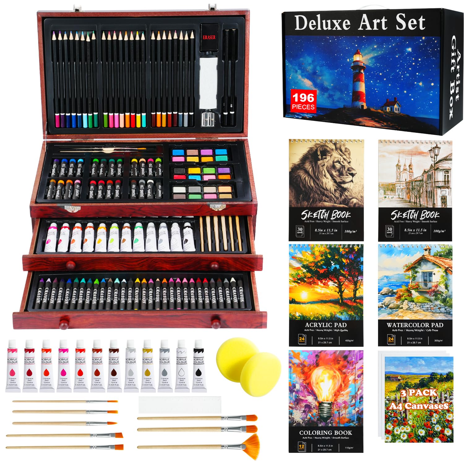 196-Piece Deluxe Art Kit with Acrylic Paint, Oil Pastels, Crayons & Colored Pencils - Includes 5 Drawing Pads & Canvases in Wooden Storage Box - Perfect Gift for Kids, Teens & Adult Beginners - Ideal for Home, School & DIY Art Projects