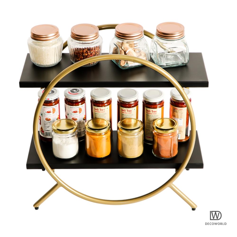 Premium 2-Tier Circular Countertop Organizer Rack - Multishelf Storage Stand for Kitchen, Bathroom & Vanity | Spice Rack, Cosmetic Organizer & Bathroom Storage | Space-Saving Solution for Small Spaces (Black & Gold) | Perfect for Countertop Organization in Apartments, Dorms & Tiny Homes