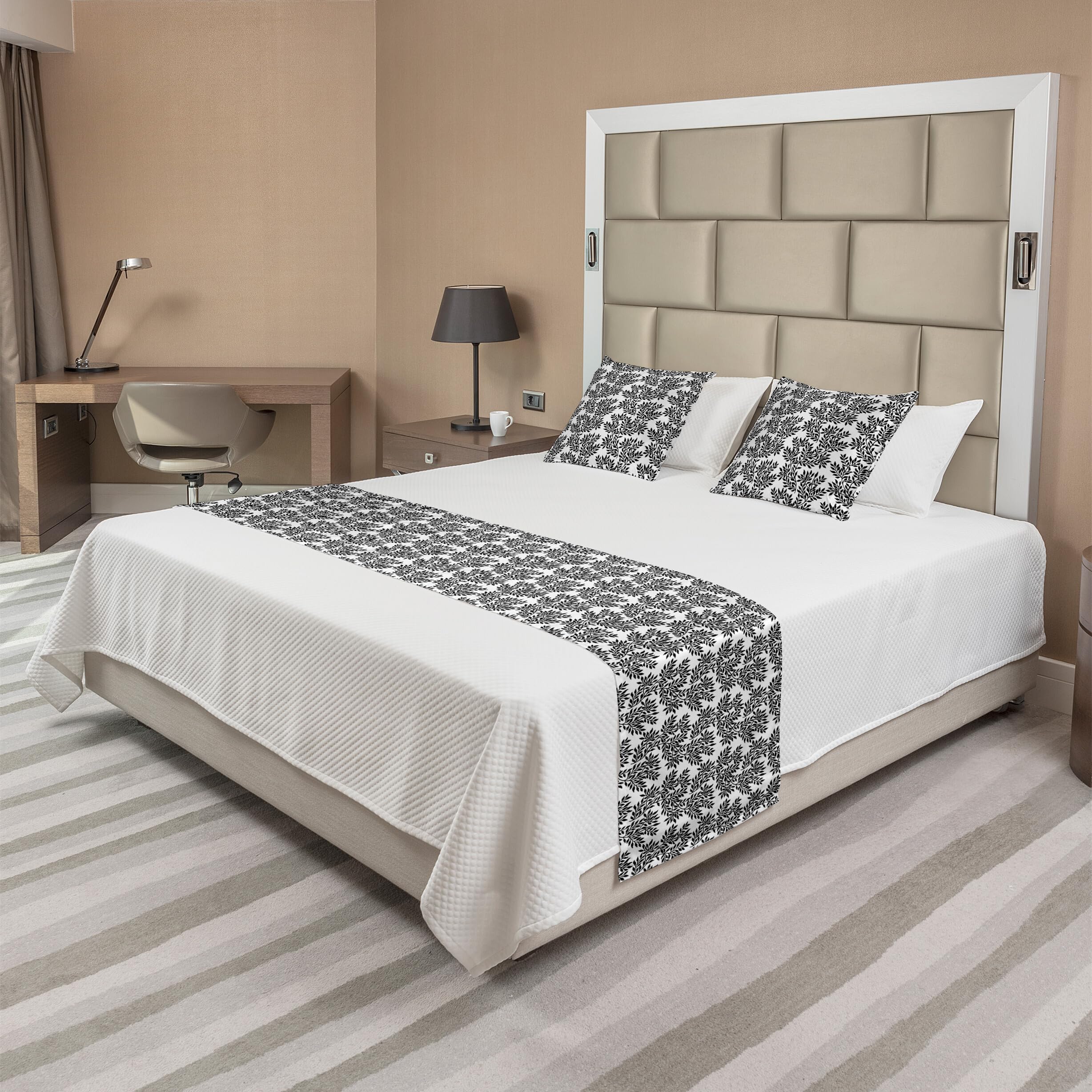Ambesonne Black and White Bed Runner Set with Foliage Plant Design - Monochromatic Curvy Leaf Sprigs - Decorative Bedding Scarf & 2 Pillow Shams for Hotels, Homes, and Bedroom Decor - Perfect for Master Bedrooms, Guest Rooms, and Luxury Hotel Styling