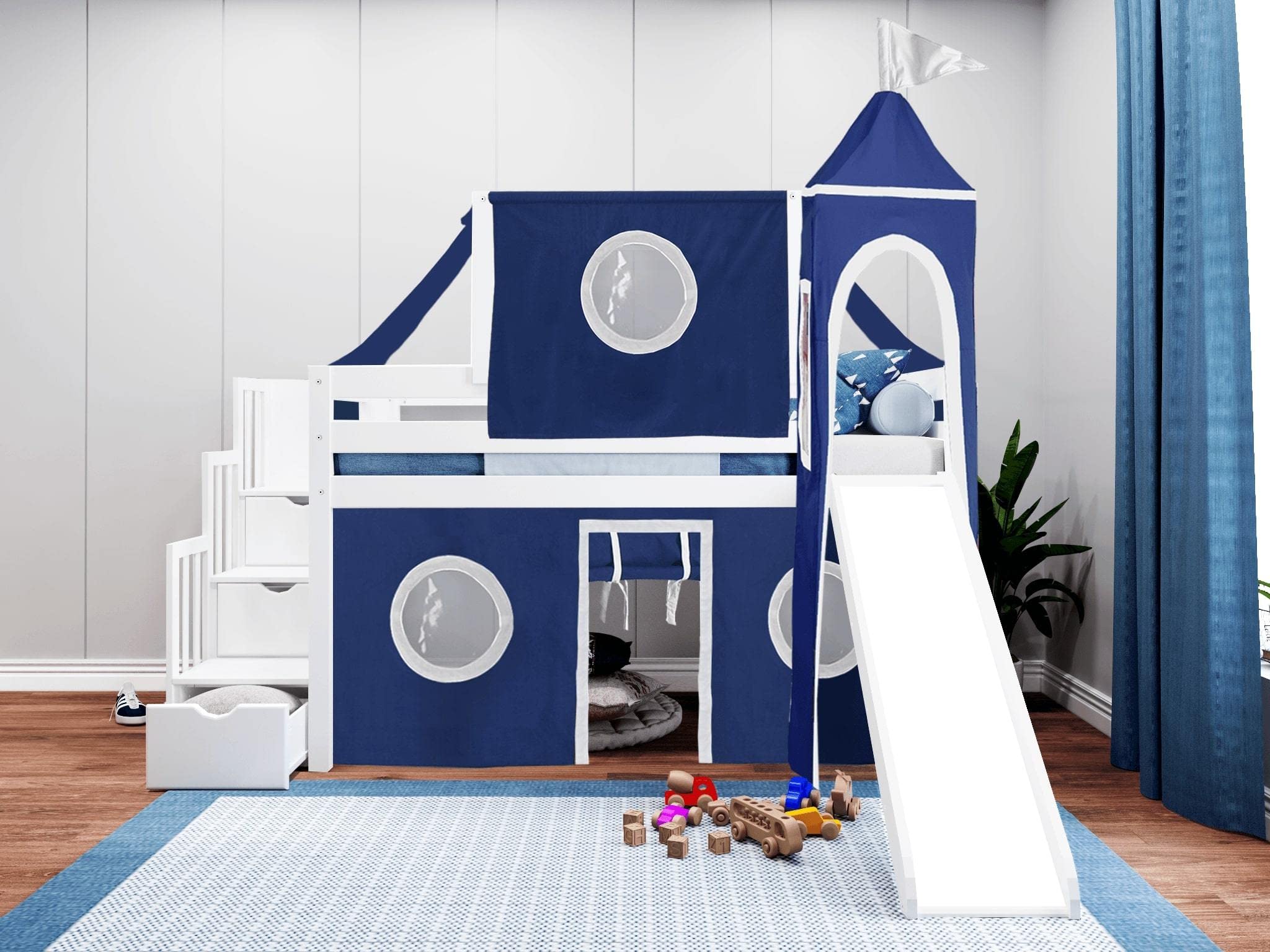 JACKPOT! Castle Themed Low Loft Stairway Bed with Slide - Blue & White Play Tent & Tower - Twin Size Loft Bed in White - Perfect for Kids' Bedroom & Playroom Adventures