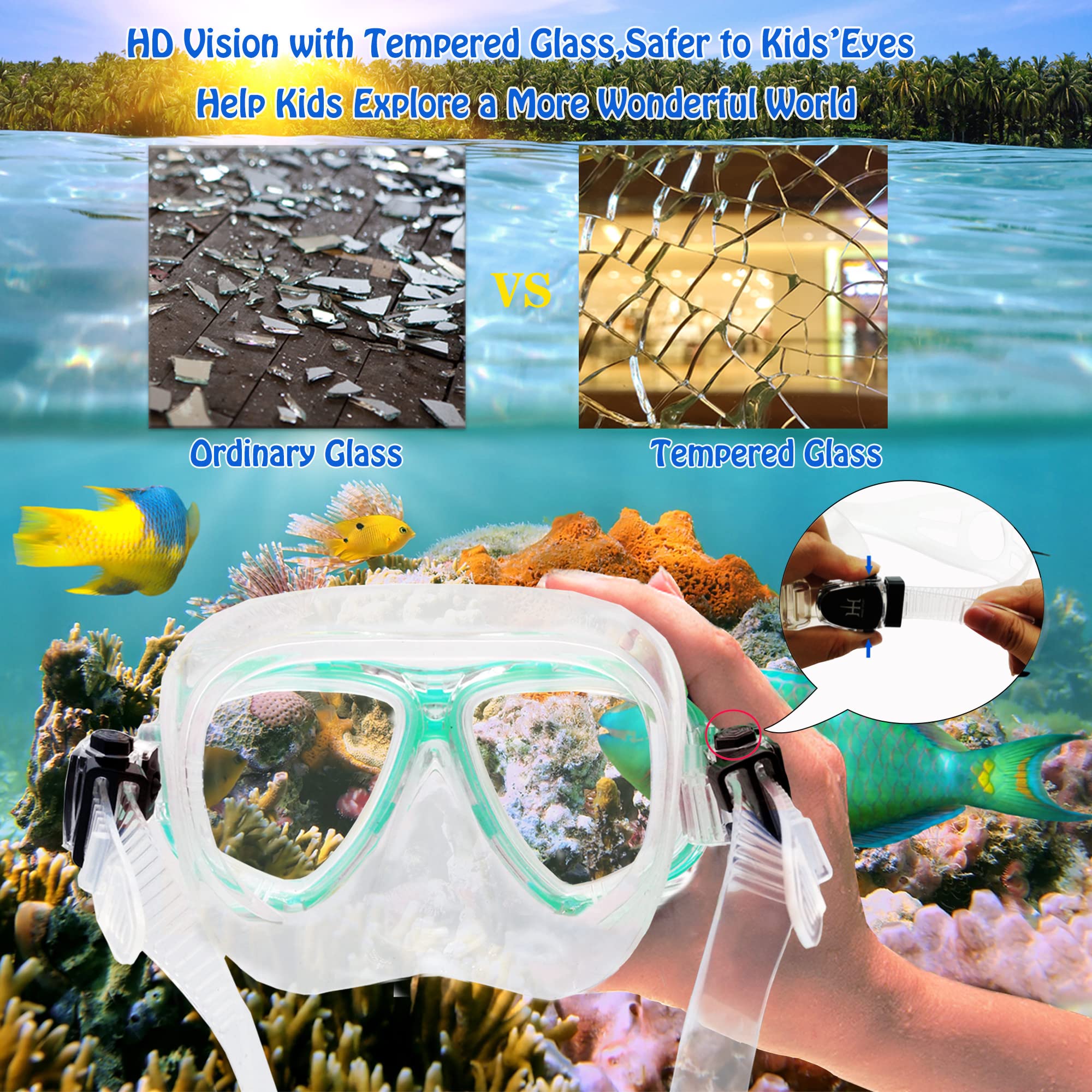 **Kids Snorkel Set - Adjustable Diving Mask, Snorkel & Swim Fins with Anti-Fog & Anti-Leak Design - Complete Snorkeling Gear for Swimming & Diving - Perfect for Beach Vacations & Pool Adventures**