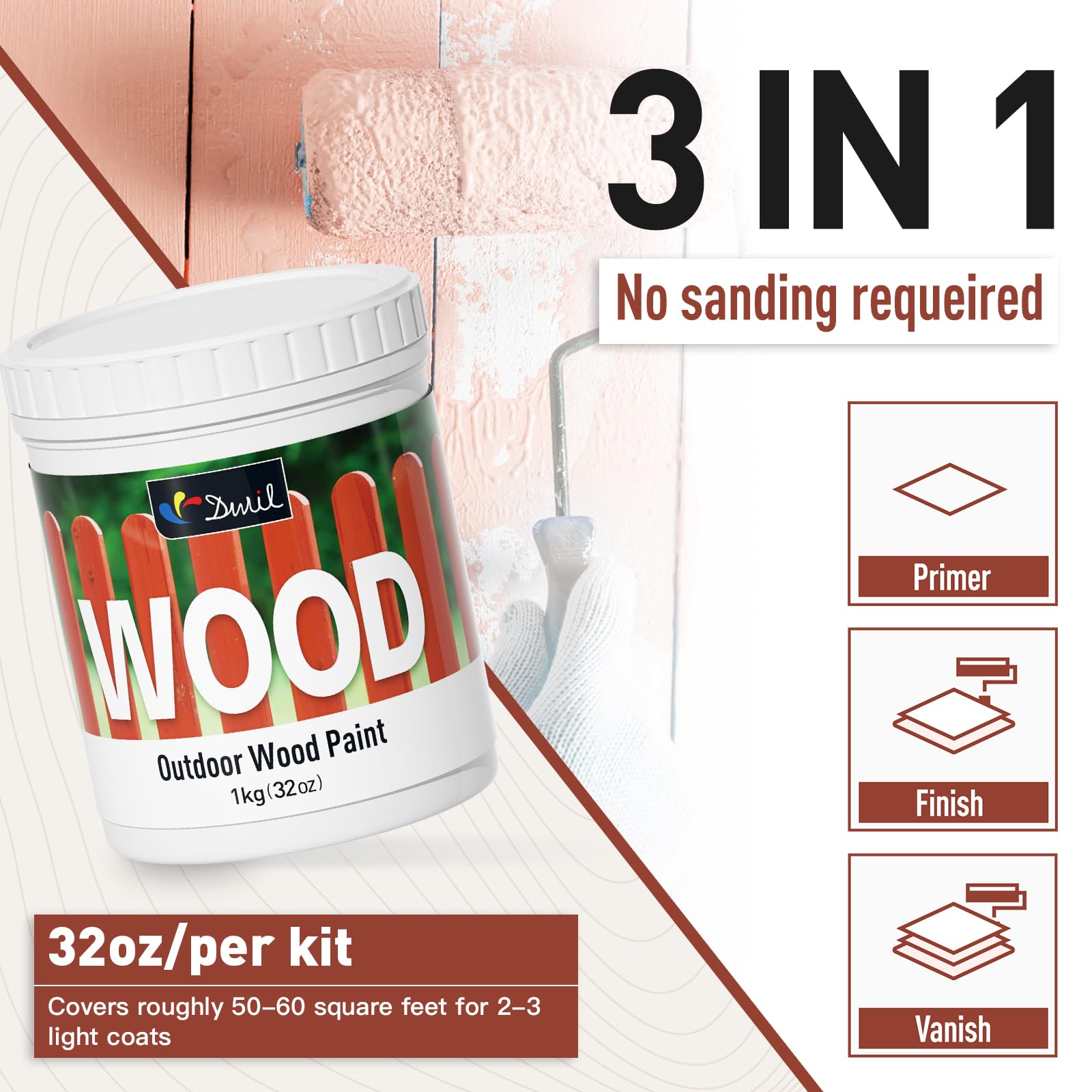 DWIL Premium White Wood Paint - No Sanding Required, Fast Drying Water-Based Furniture Paint for Doors & Cabinets - Low Odor, Indoor/Outdoor Use - Covers 50-60 sq.ft - Perfect for DIY Home Projects, Furniture Restoration, and Exterior Wood Protection