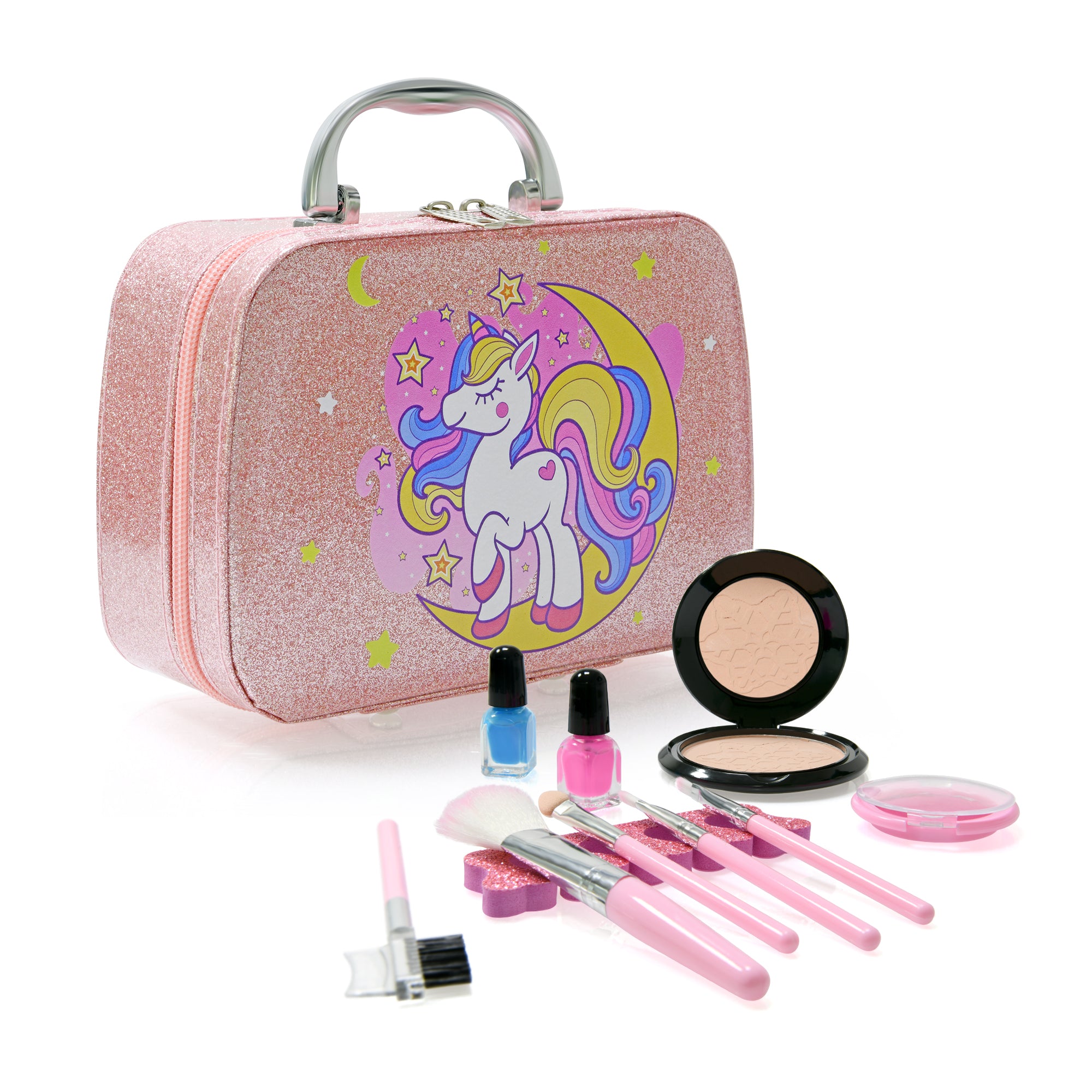 Contixo Unicorn Themed Kids Makeup Set with Sparkle Case - 10-Piece Non-Toxic Cosmetic Kit with Brushes & Mirror for Girls Birthday Gifts & Dress-Up Play
