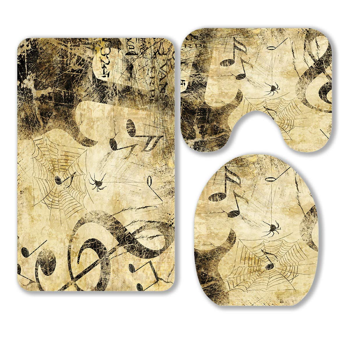 ABPHQTO Music Rock N Roll Will Never Die 3-Piece Bathroom Rug Set - Non-Slip Bath Mat, Contour Mat & Toilet Lid Cover - Vintage Music Theme Bathroom Decor for Rock Fans