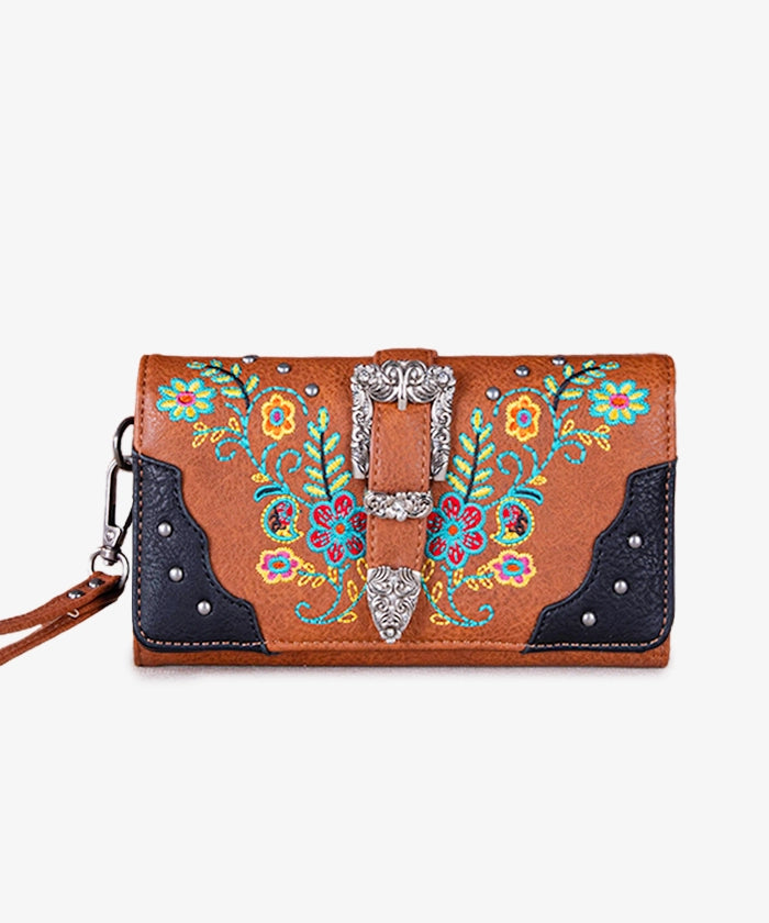 Montana West Floral Embroidered Buckle Wallet for Women - Stylish Leather Clutch with RFID Protection | Perfect for Everyday Use, Travel & Special Occasions