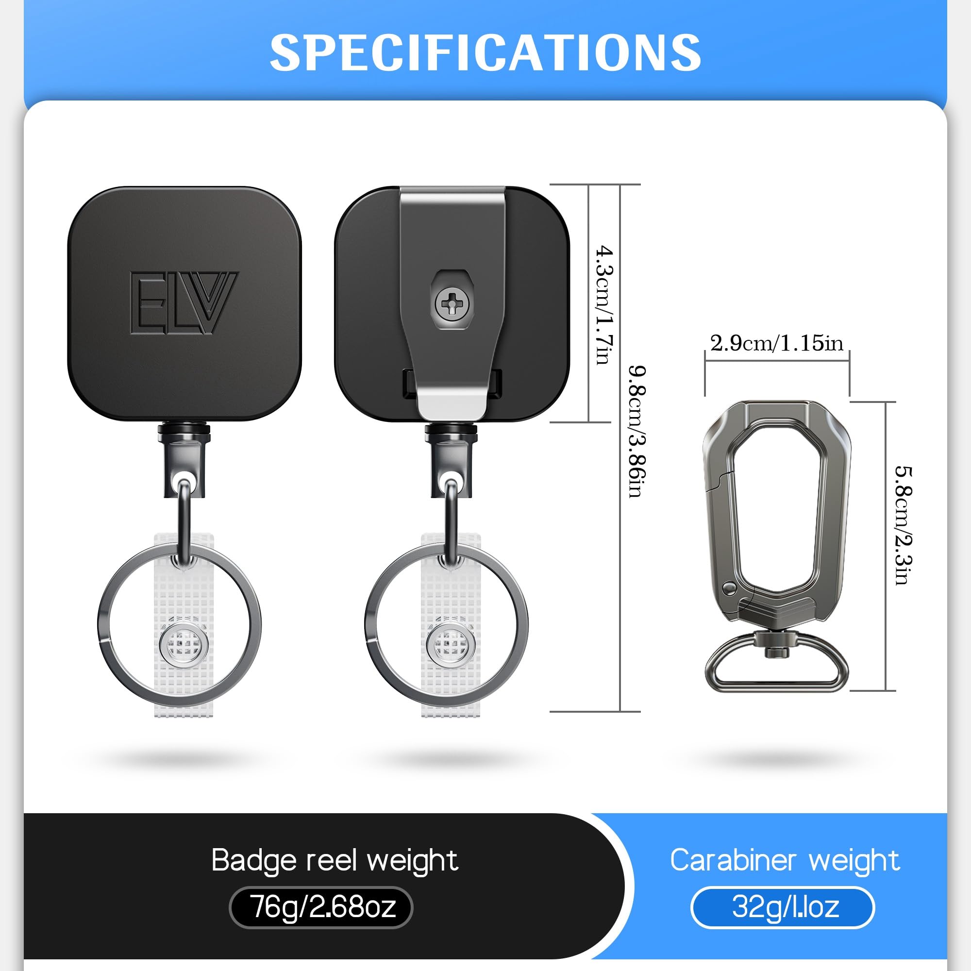 ELV Retractable ID Badge Holder - Heavy Duty Metal Retractable Keychain Badge Reel with Carabiner Belt Clip - 31