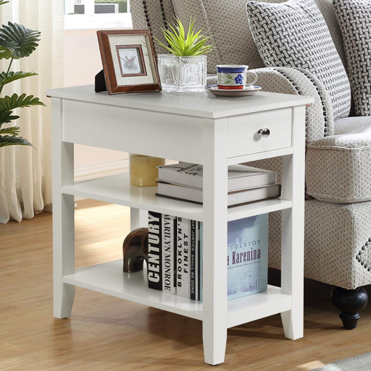 Giantex Narrow End Table Set of 2, Small Side Table with Drawer and Shelf, Wood Accent Sofa Table, Skinny Nightstand for Small Space - Perfect for Living Room, Bedroom, Dorm & Apartment (White)