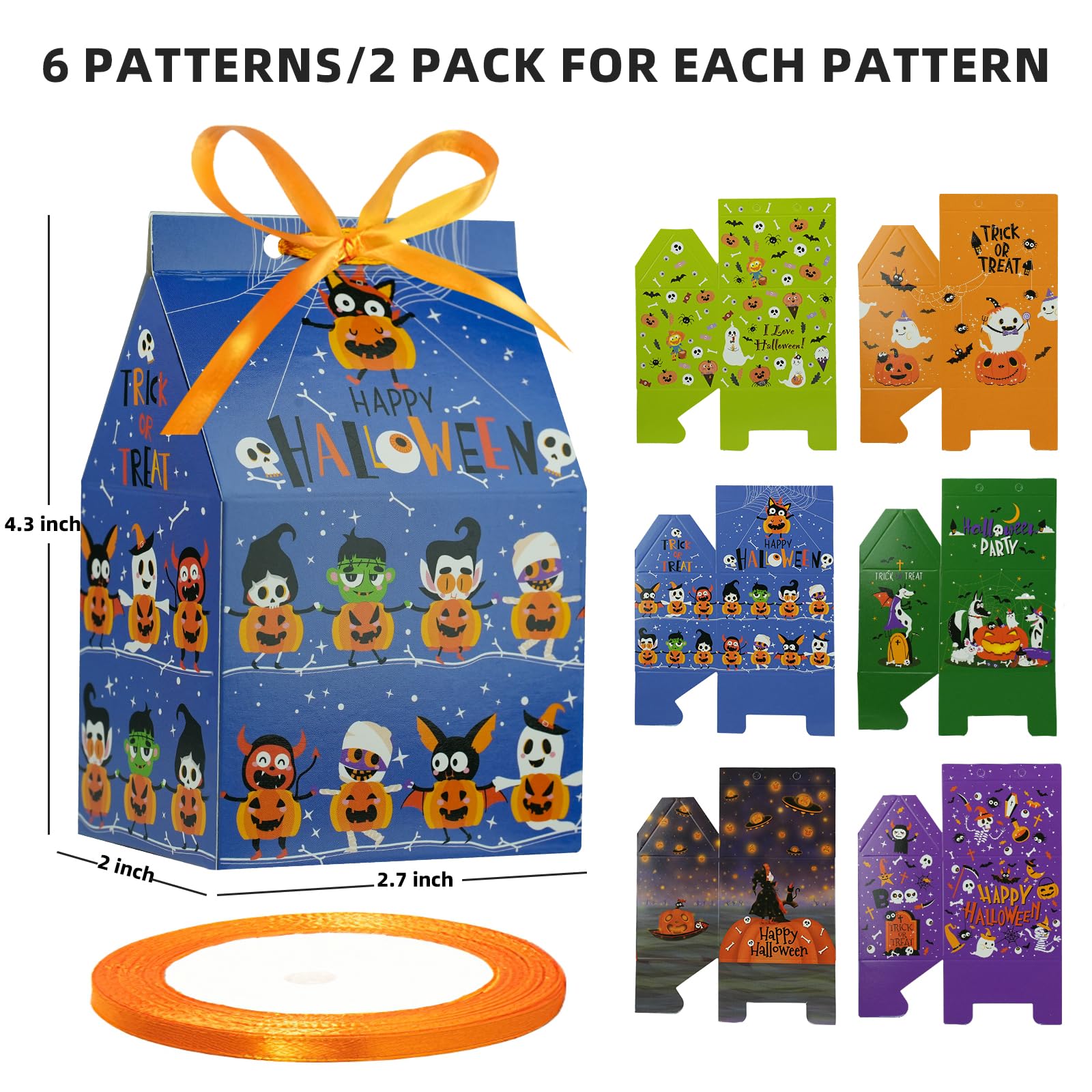 Halloween Candy Bags 12PCS - 6 Pattern Trick or Treat Bags with Ribbons for Kids, Halloween Party Favors & Goodie Bags - Perfect for Trick-or-Treating, Classroom Treats & Halloween Party Giveaways