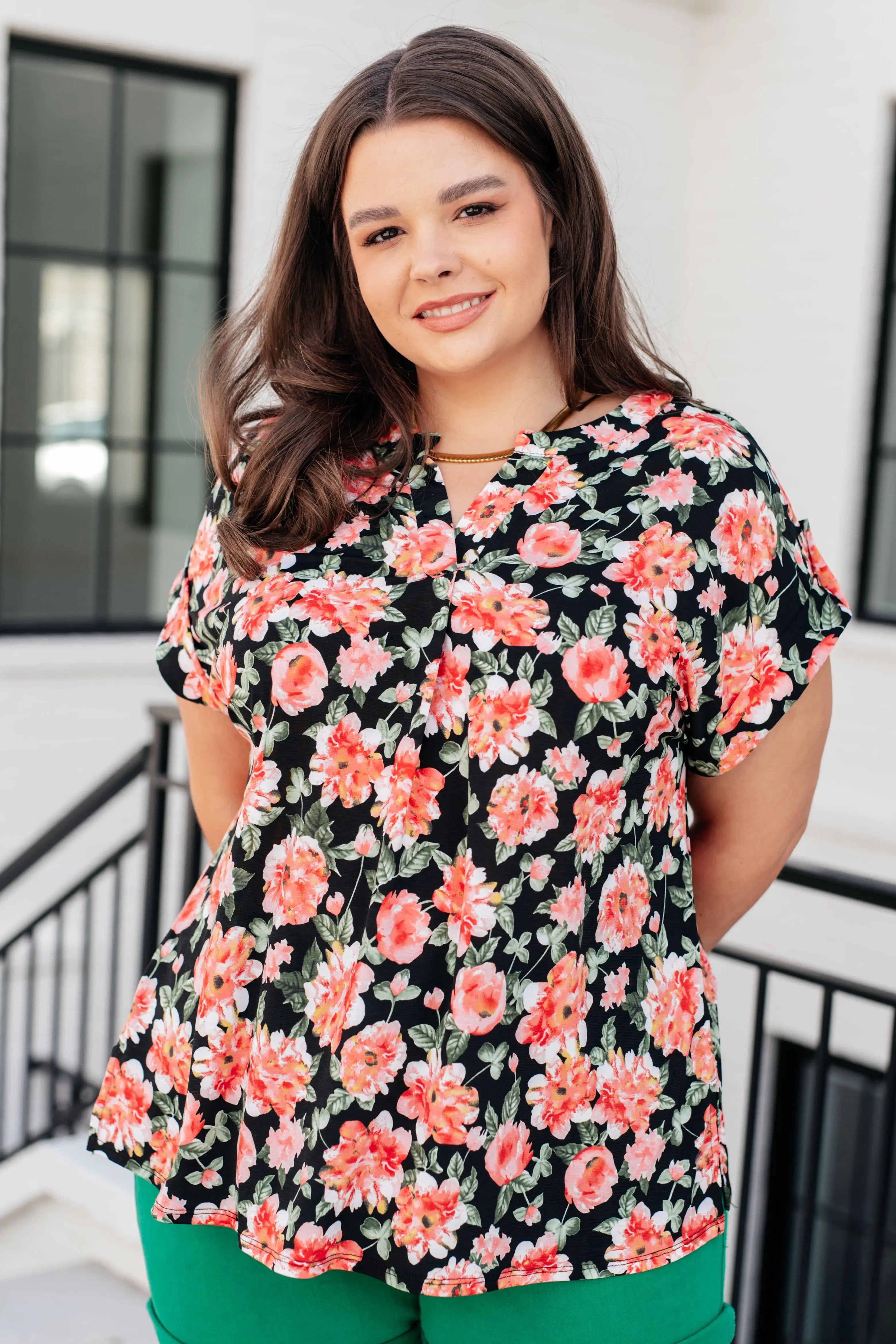 Lizzy Cap Sleeve Women's Blouse - Floral Print Black & Coral Top for Casual Wear, Office, and Date Night Outfits