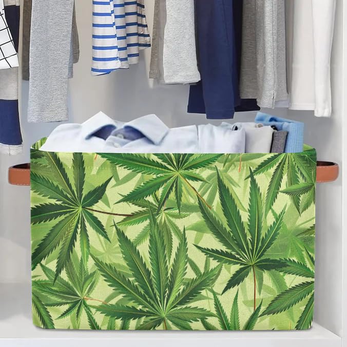 Large Cannabis Leaf Storage Baskets - 2 Pack Fabric Closet Organizers with Handles, Decorative Collapsible Shelving Bins for Home Organization | Perfect for Storing Clothes, Toys & Bedroom Essentials
