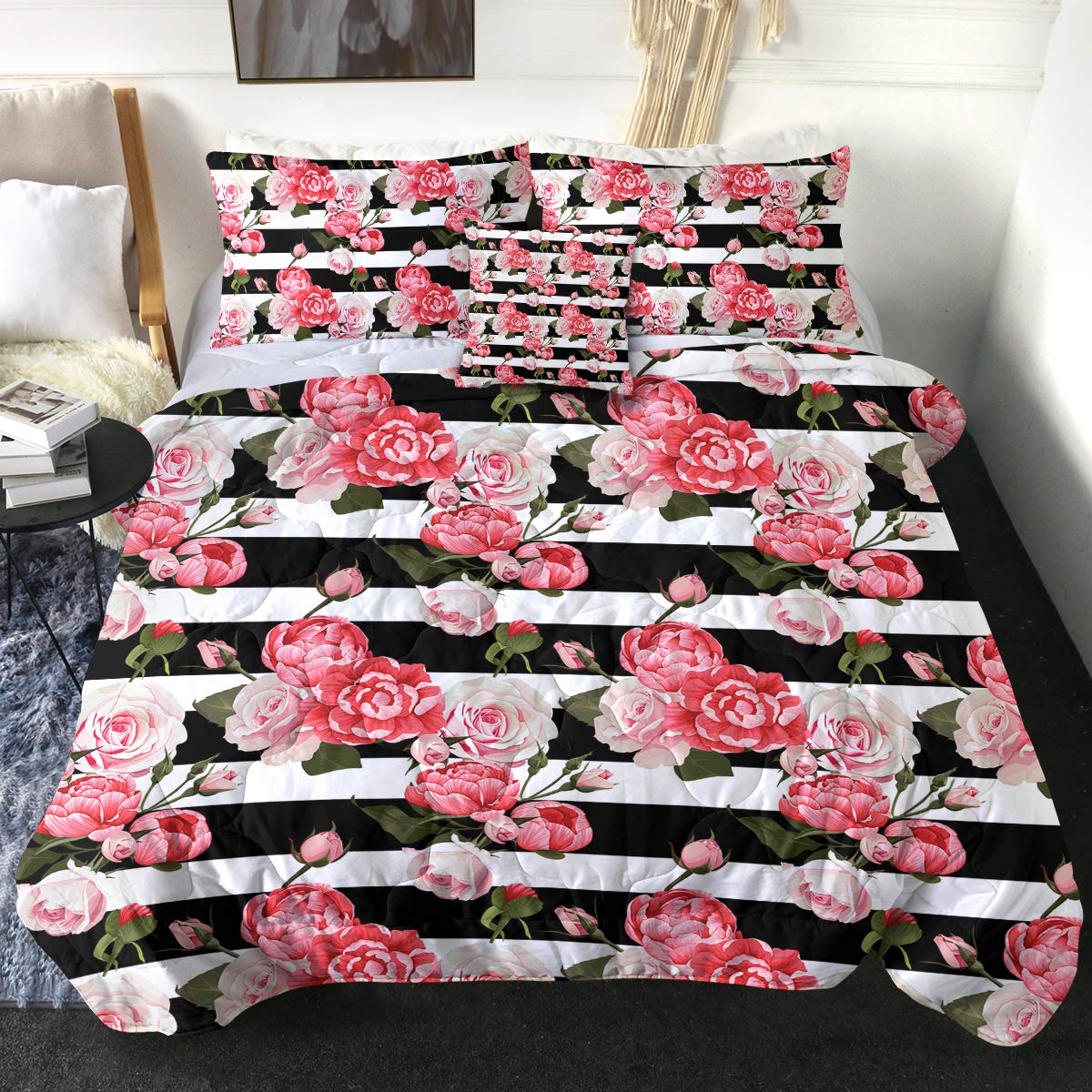 Sleepwish Watercolor Peony & Roses Comforter Set - Pink Floral All Season Quilted Bedding with Black & White Stripes - 4 Piece Modern Flower Bedspread for Queen Size Bed - Perfect for Master Bedroom, Guest Room & Cozy Home Decor