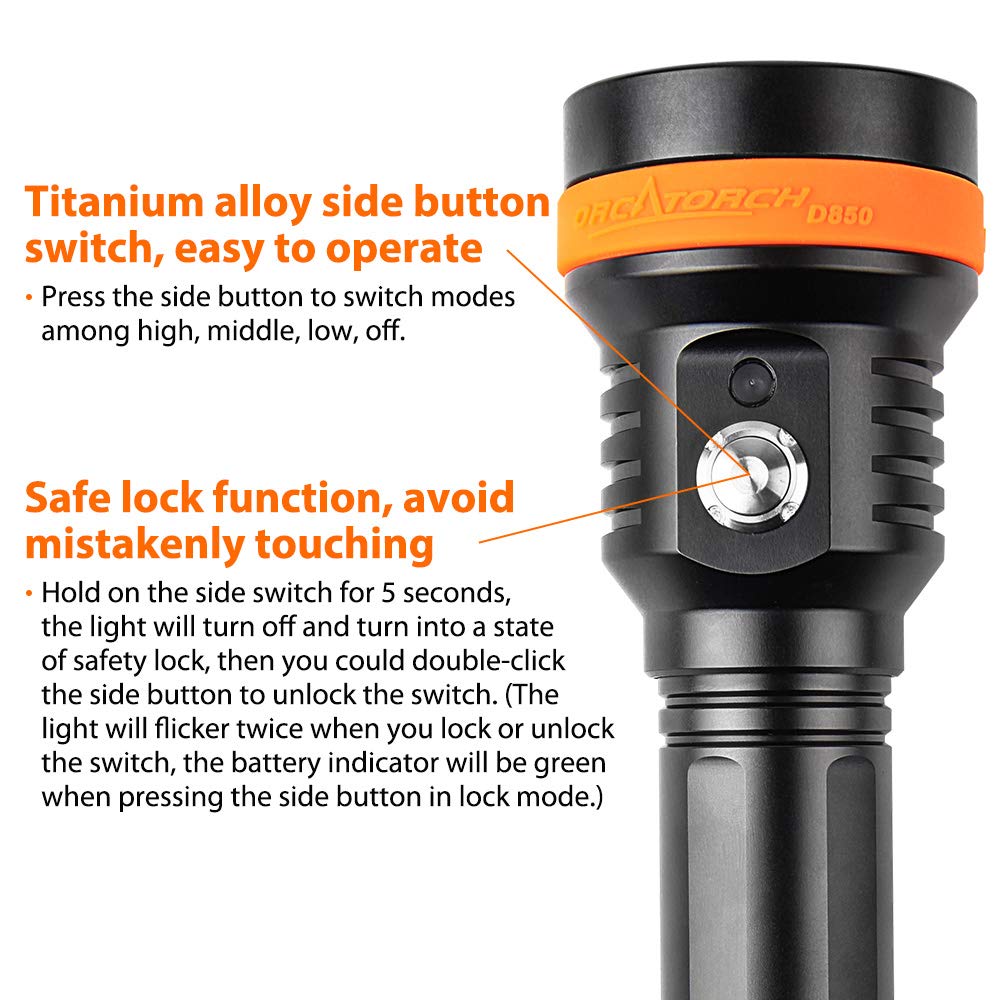 ORCATORCH D850 2500 Lumen Dive Light - 6° Narrow Beam Underwater Flashlight with 5 Super Bright LEDs & Battery Indicator - Perfect for Scuba Diving, Cave Exploration, Night Snorkeling and Underwater Photography