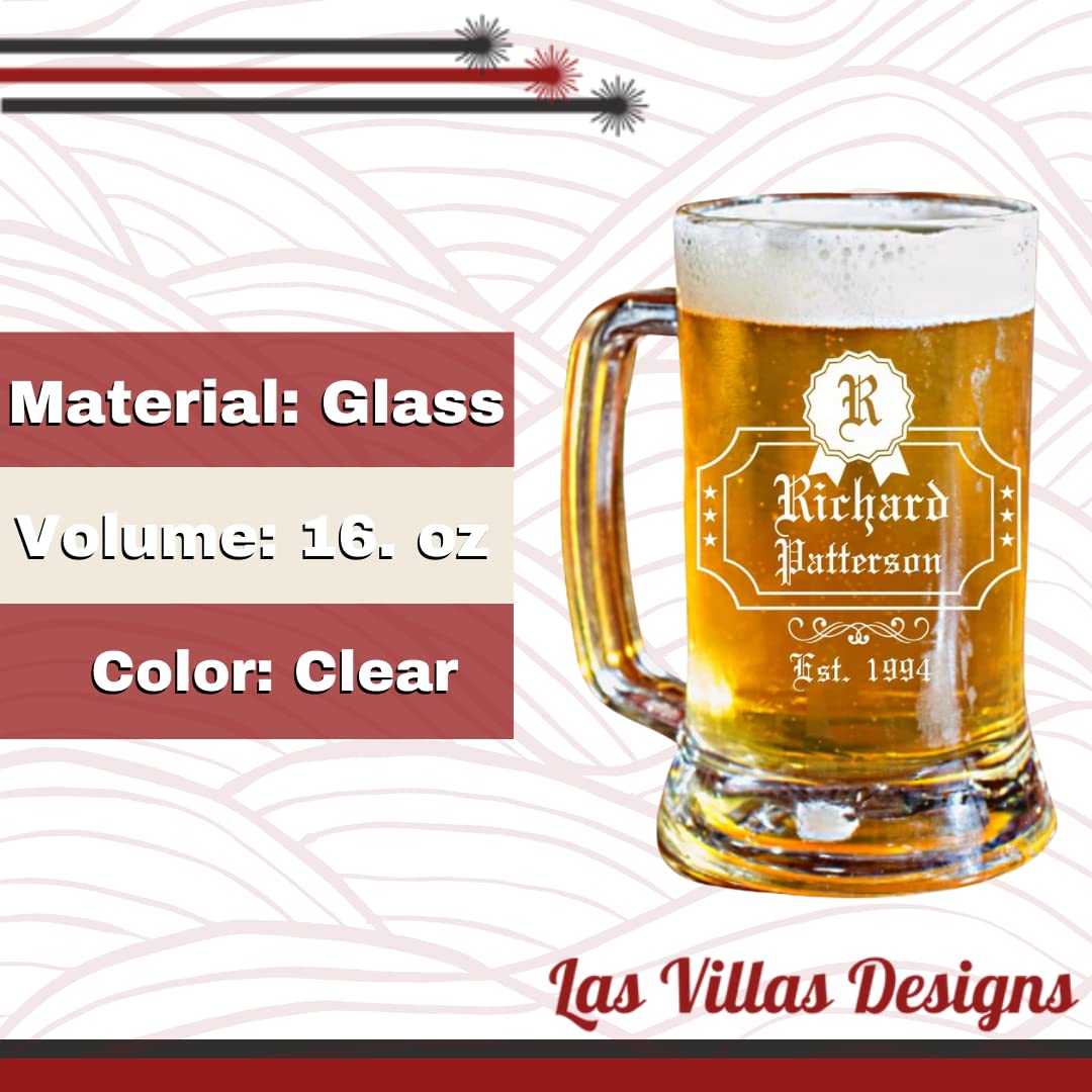 Personalized 16oz Beer Mug with Custom Badge Design - Clear Glass Drinking Cup - Great for Wedding, Anniversary, Birthday, Housewarming & Graduation Gifts - Perfect for Parties, Home Bar & Man Cave Decor