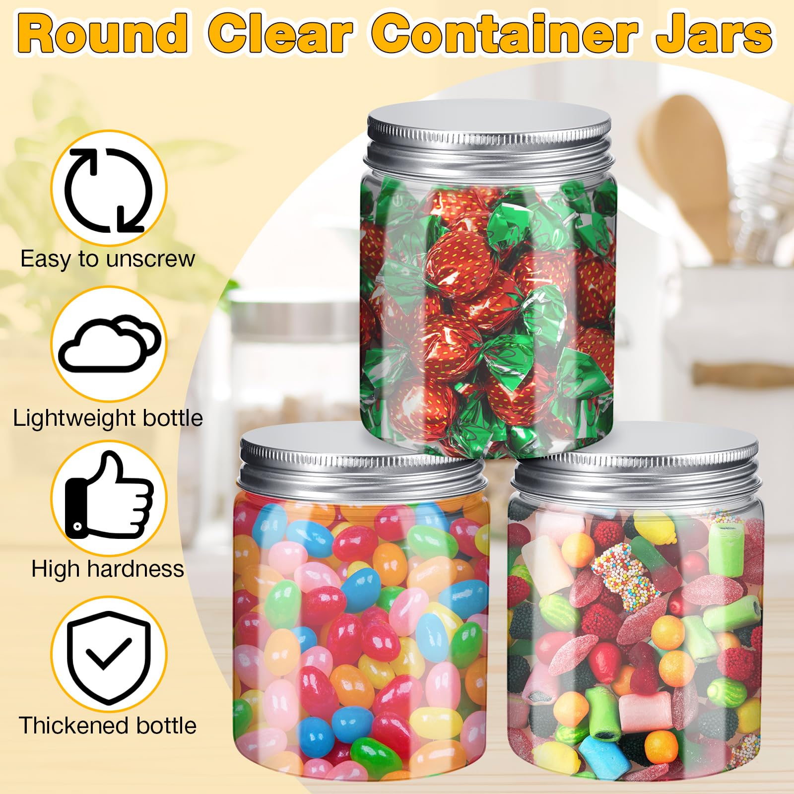 Tanlade 50 Pack 8 oz Clear Round Plastic Jars with Airtight Lids - Small Refillable Food Storage Containers for Kitchen, Pantry, Spices, Candy, Crafts & DIY Organization (Gold & Silver)