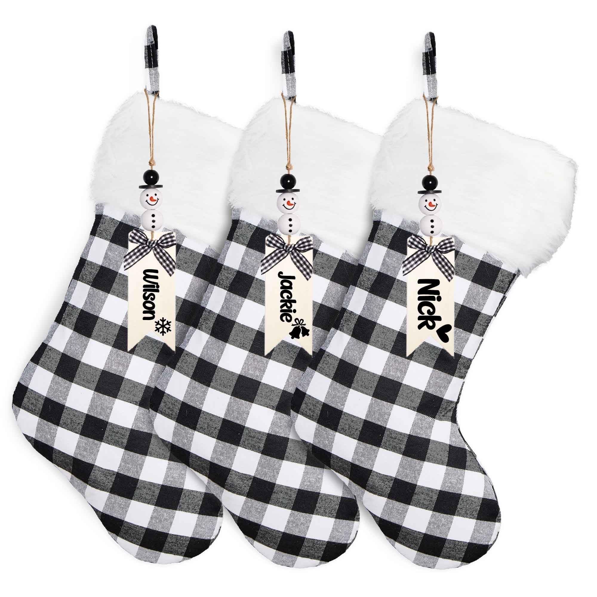 Mostop Christmas Stockings 3 Pack - 18 Inch Large Holiday Stockings with Leather Name Tags, Buffalo Plaid Design in White & Black with Faux Fur Trim - Perfect for Christmas Decor, Fireplace Mantel, Holiday Party & Gift Exchange