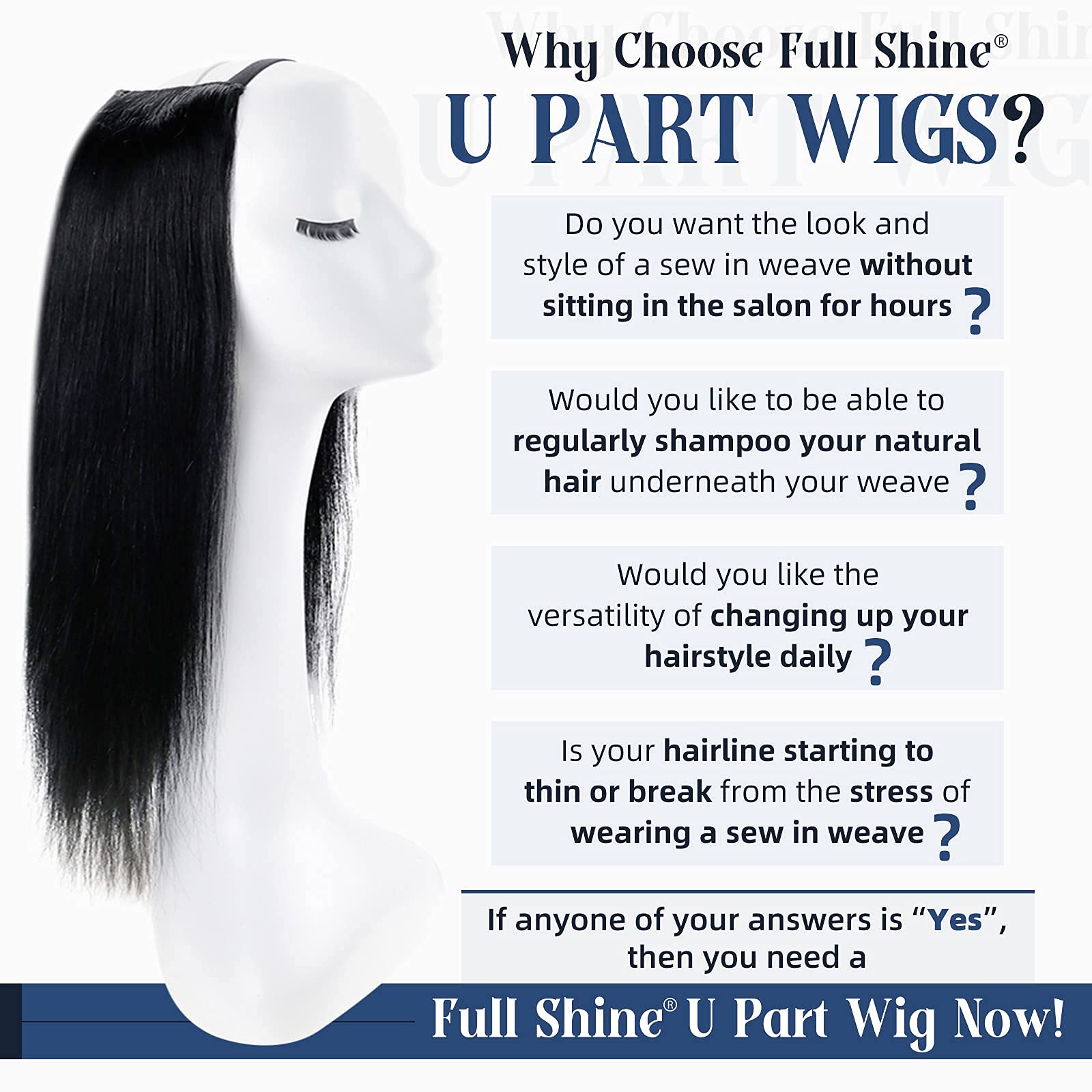 Full Shine U Part Human Hair Wig 20 Inch - Jet Black Straight Remy Hair Half Wig (150g) | Invisible Hair Extensions for Everyday Wear, Parties & Special Occasions