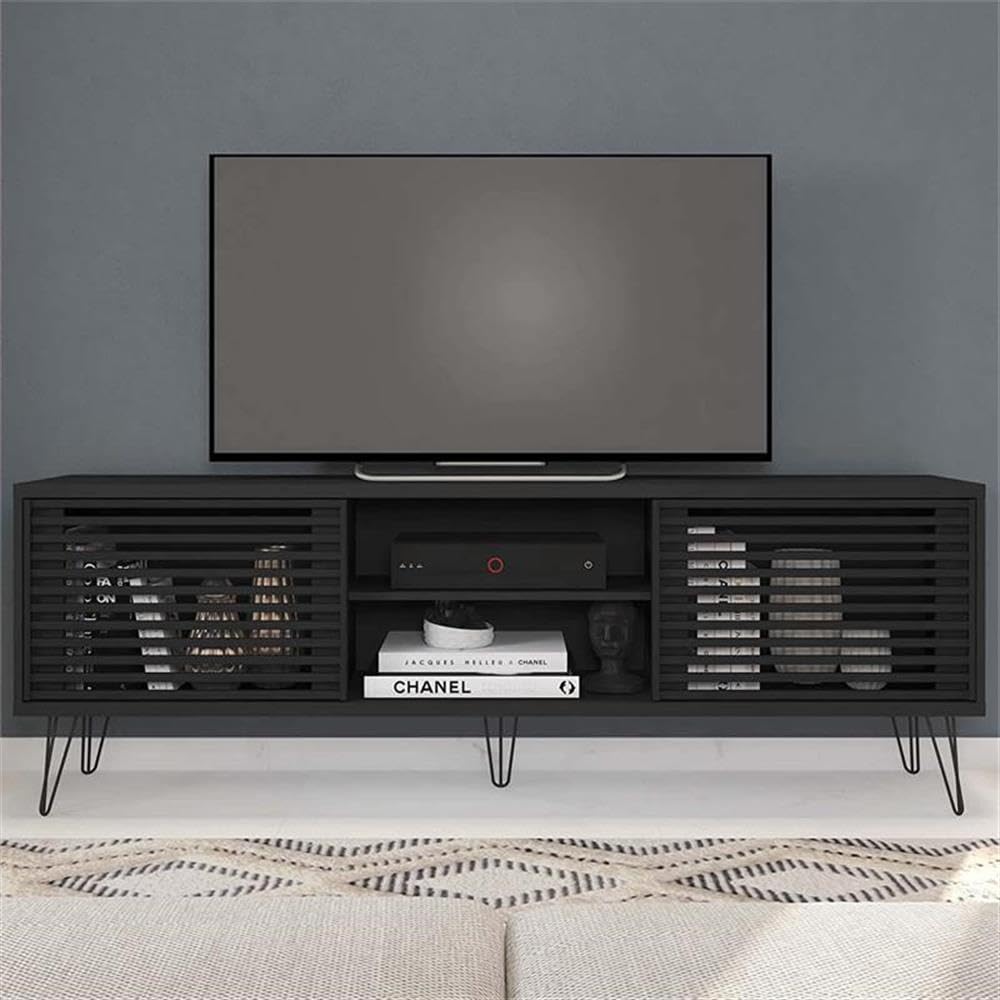 Better Home Products Black Mid-Century Modern TV Stand for 70 Inch Flat Screen - Perfect for Living Room, Home Theater & Entertainment Center Setup