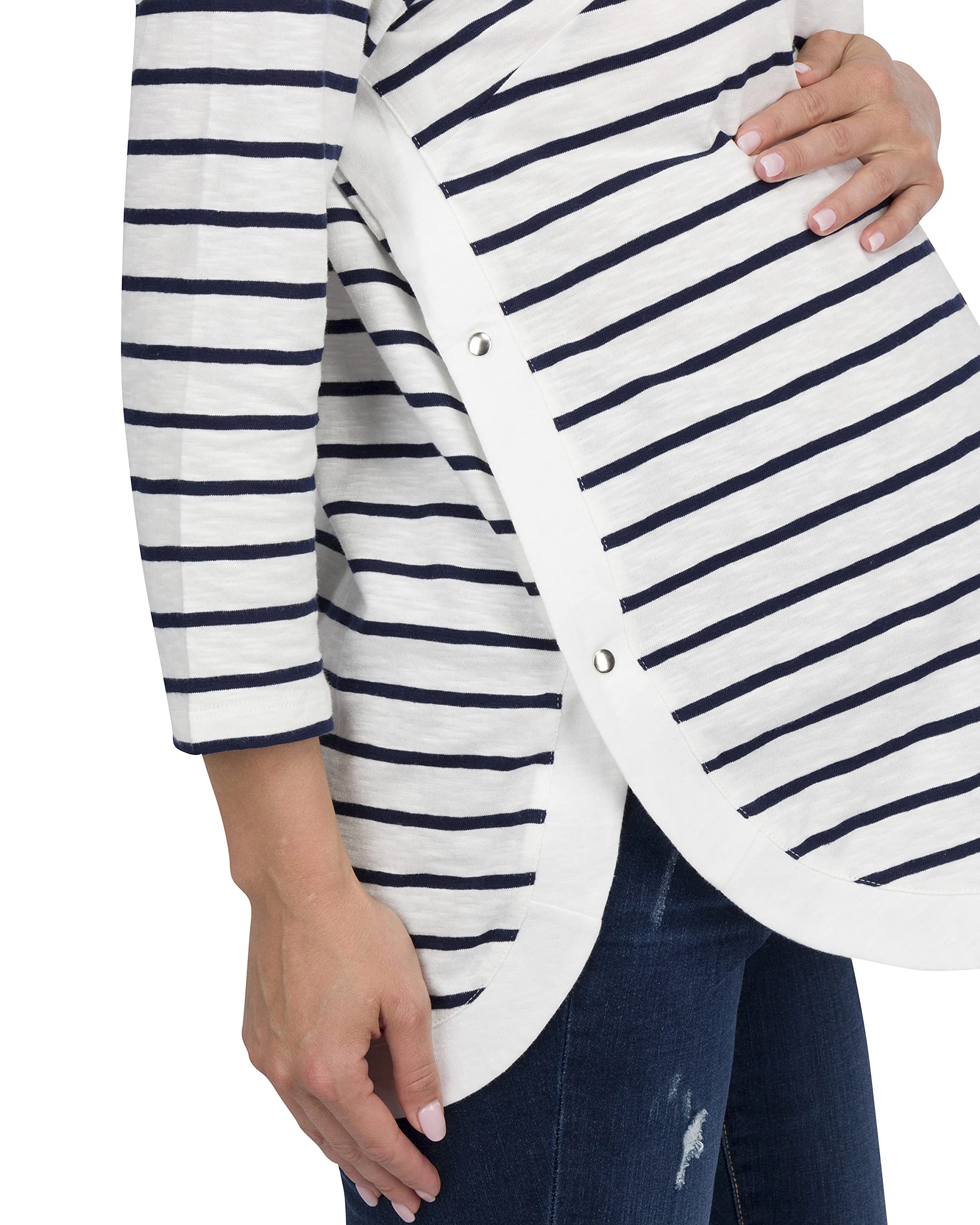 Striped Side-Button Maternity Nursing Long Sleeve Top - Lightweight Pregnancy Shirt & Blouse for Office Work - Comfortable Breastfeeding Clothes for Professional Women | Perfect for Business Meetings, Office Wear & Nursing Moms