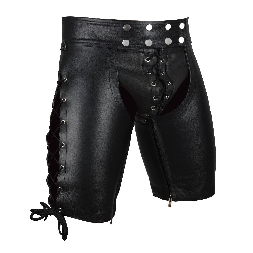 Men's Genuine Cowhide Leather Shorts with Side Lace-Up Chaps - Waist 30, Black - Perfect for Biker Clubs, Rodeo Events & Nightlife Outfits