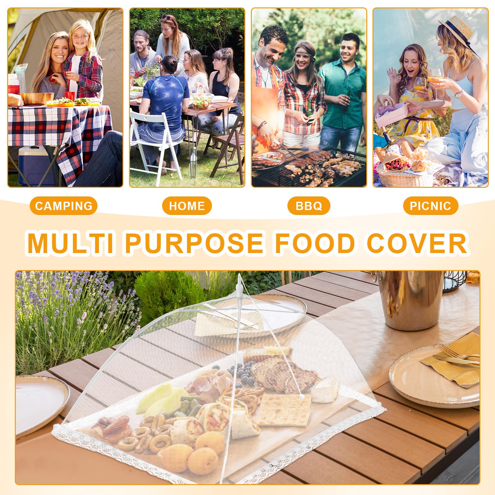 Tanlade 16-Piece Reusable Collapsible Pop-Up Mesh Food Cover Set - 2 Large 40x24 Inch, 4 Medium 17x17 Inch, 5 Small 14x14 Inch & 5 Mini 12x12 Inch Food Nets - Perfect for Outdoor Picnics, BBQs, Camping & Summer Parties (White)