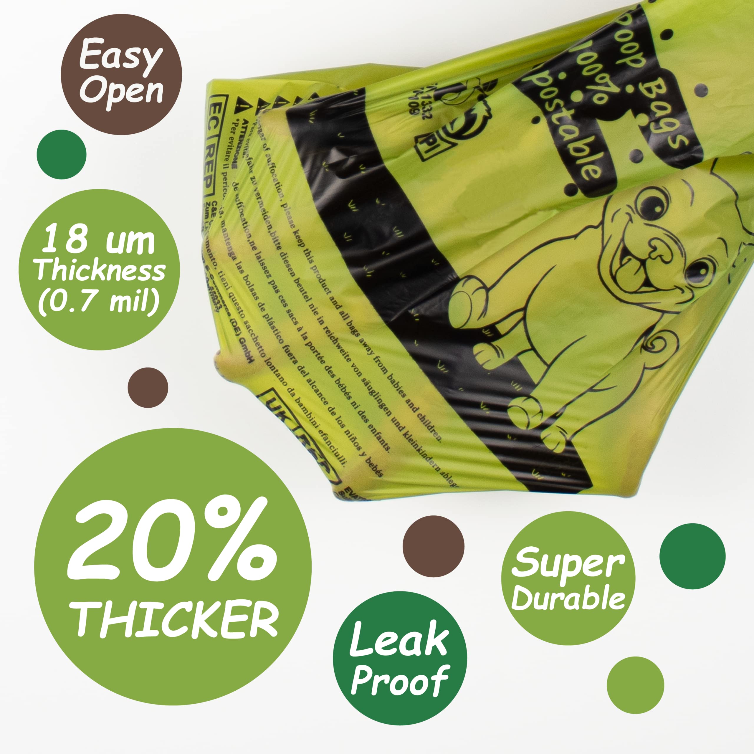 GREENER WALKER 100% Compostable Dog Poop Bags - 225 Extra Thick & Durable Waste Bags for Dogs, EN13432 Certified Eco-Friendly Pet Waste Disposal (Brown) - Perfect for Park Walks, Backyard Cleanup & Travel
