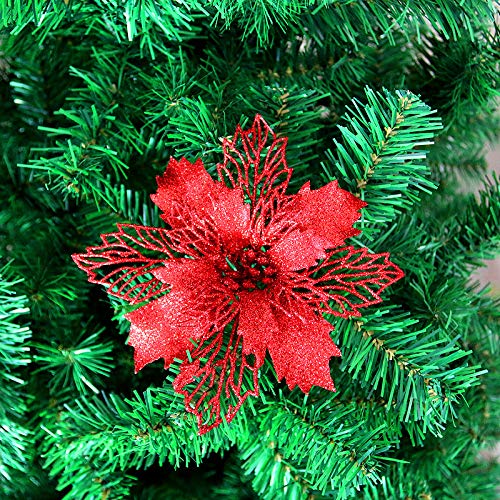12 Pack Red Glitter Artificial Poinsettia Flowers - 6 Inch (16cm) Christmas Wreath & Tree Decorations - Perfect for Holiday Home Decor, Party Centerpieces, and Festive DIY Crafts